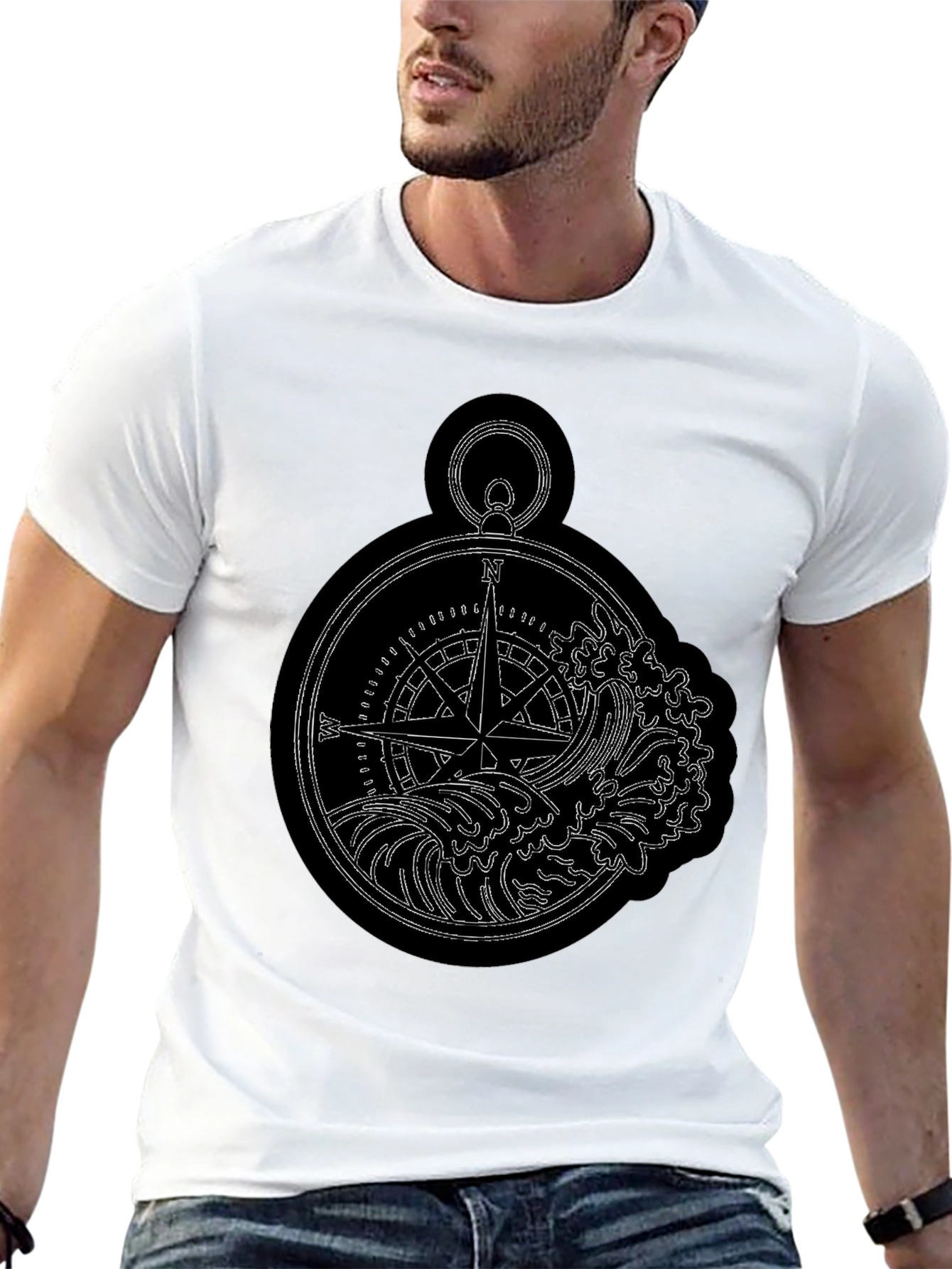Nautical Compass & Waves Graphic Black T-Shirt