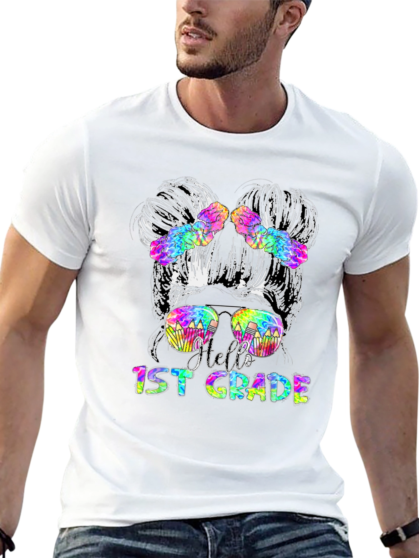 Hello 1st Grade Messy Bun Teacher T-Shirt