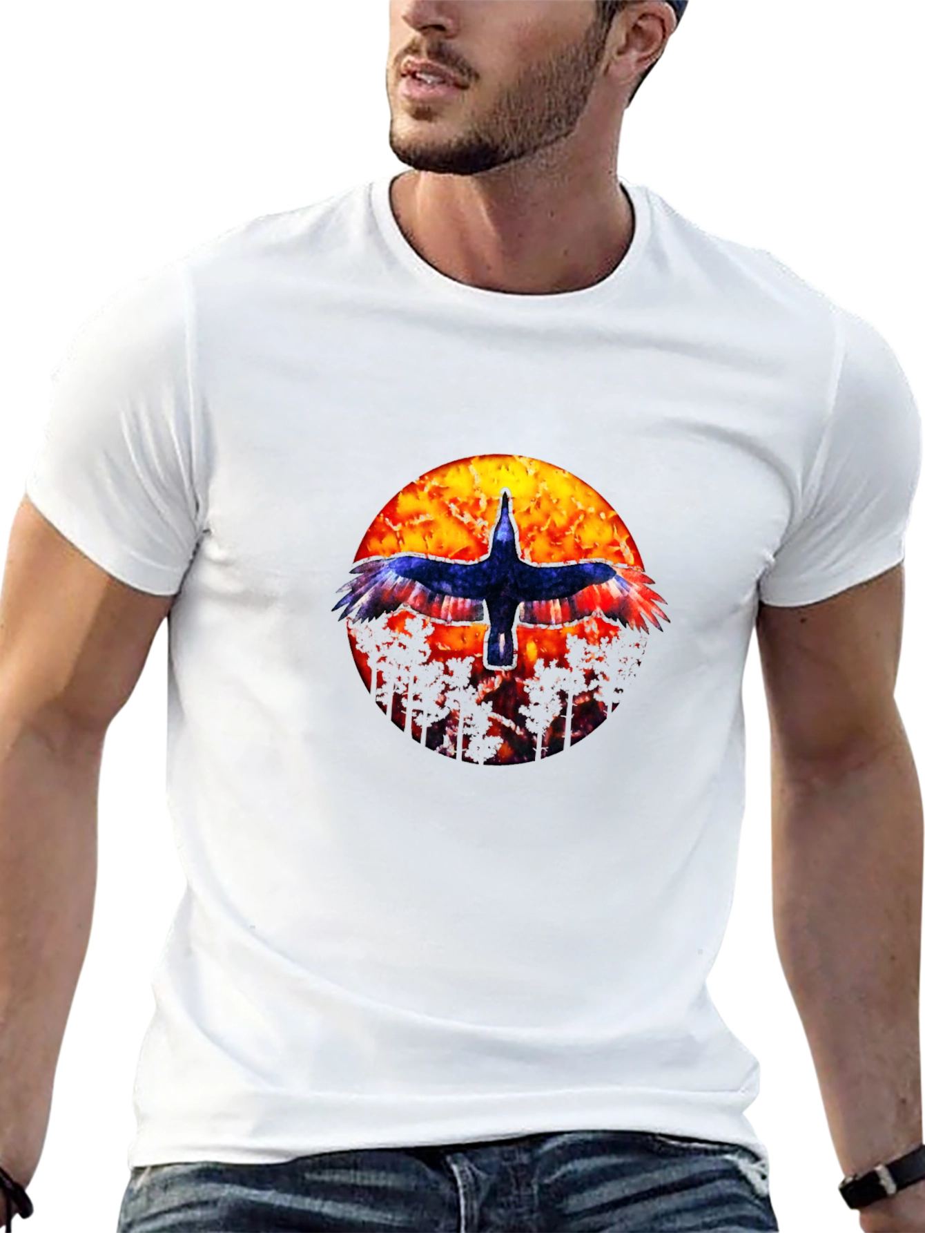 Black T-Shirt with Bird and Sunset Graphic