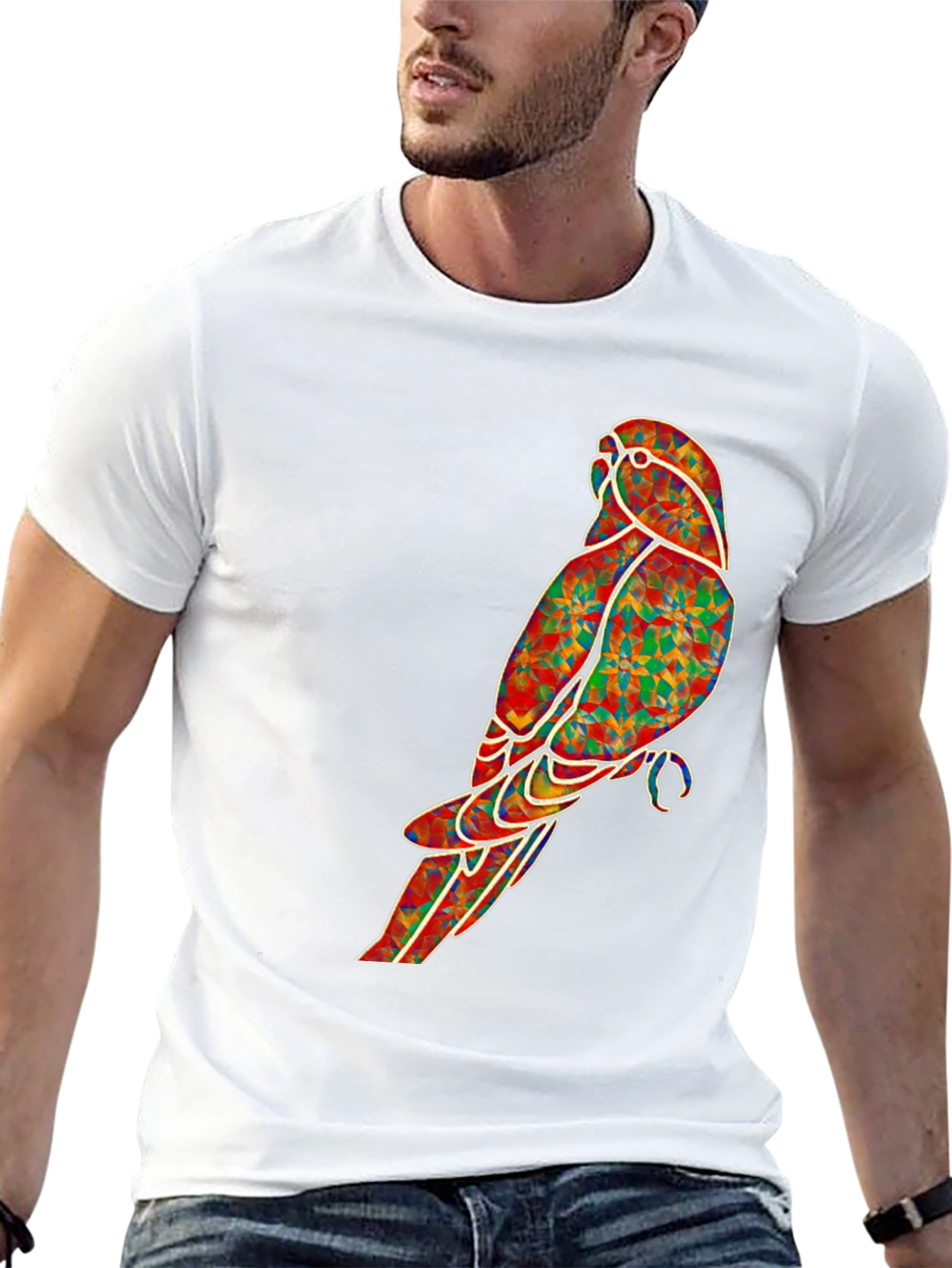 Geometric Parrot Graphic Tee - Black Cotton T-Shirt