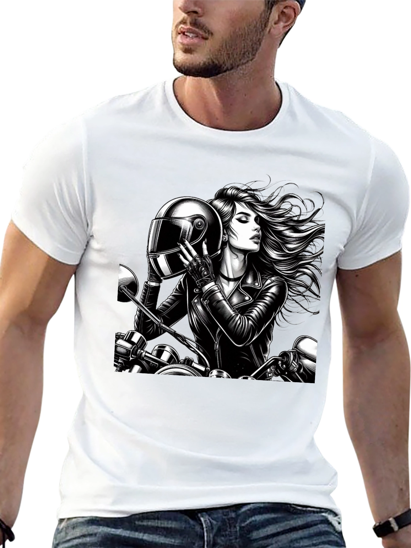 Biker Girl Graphic Tee - Black Cotton T-Shirt