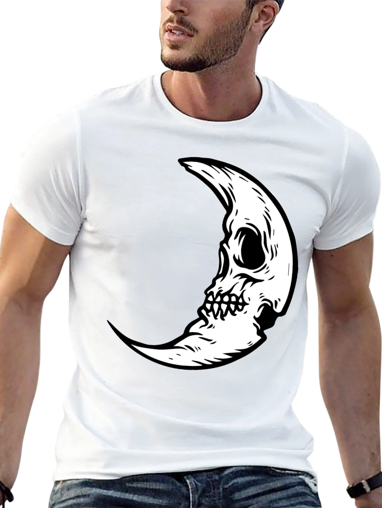 Skull Moon Graphic Tee - Black Cotton Casual T-Shirt