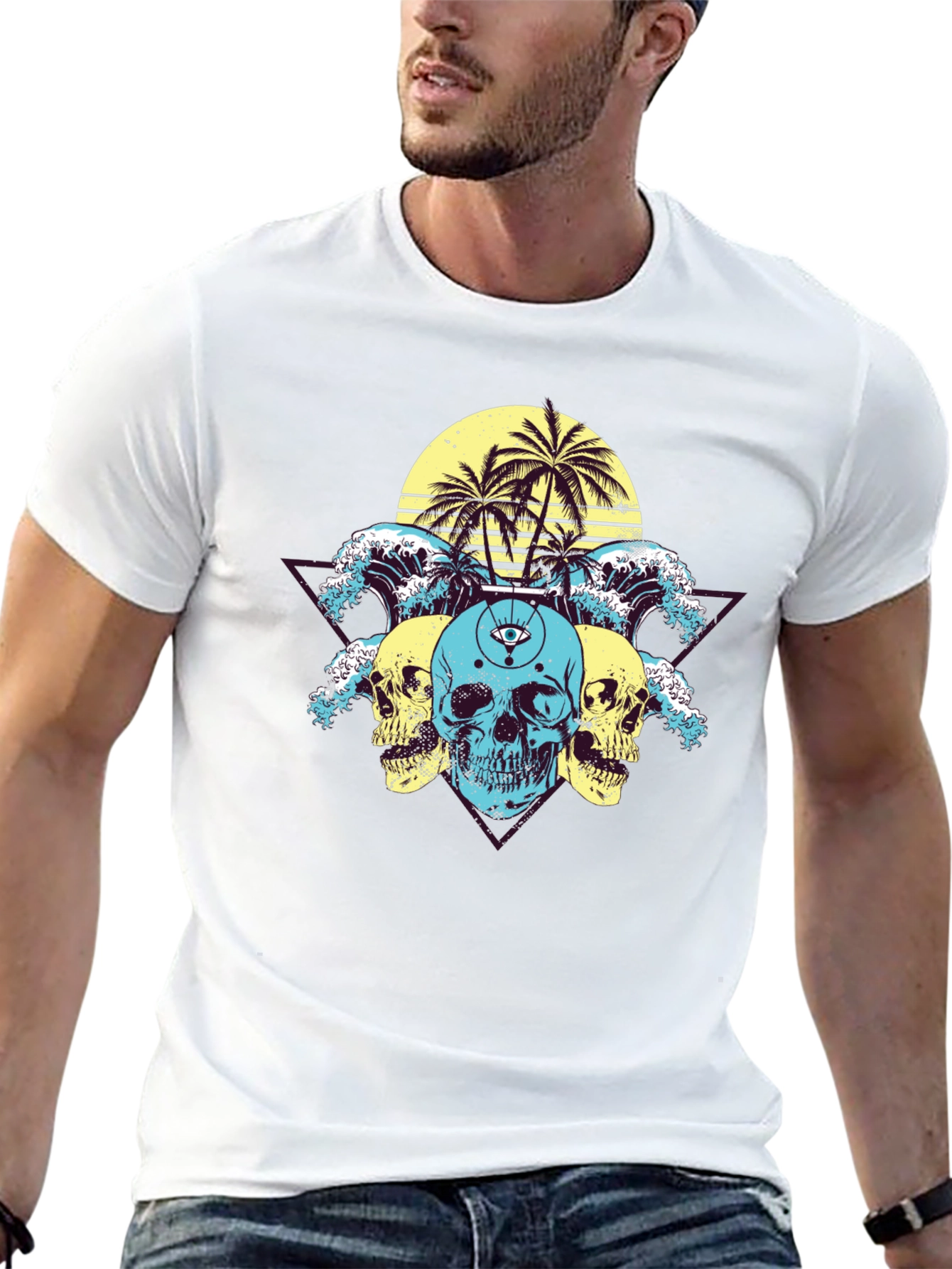 Skull Wave Palm Tree Graphic T-Shirt