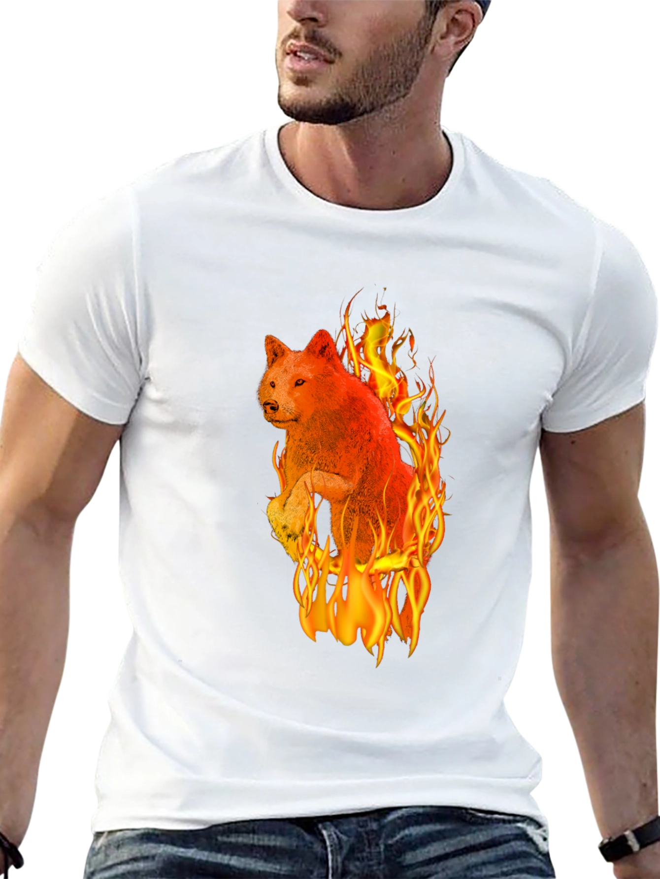 Fiery Wolf Graphic Tee - Black Cotton T-Shirt