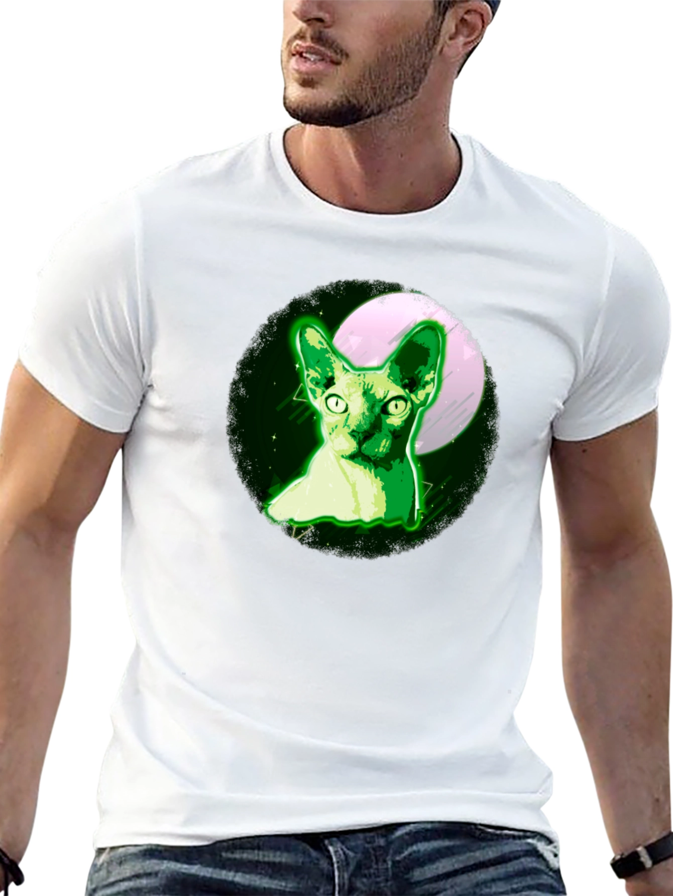 Sphynx Cat Moon T-Shirt - Glow Green Design