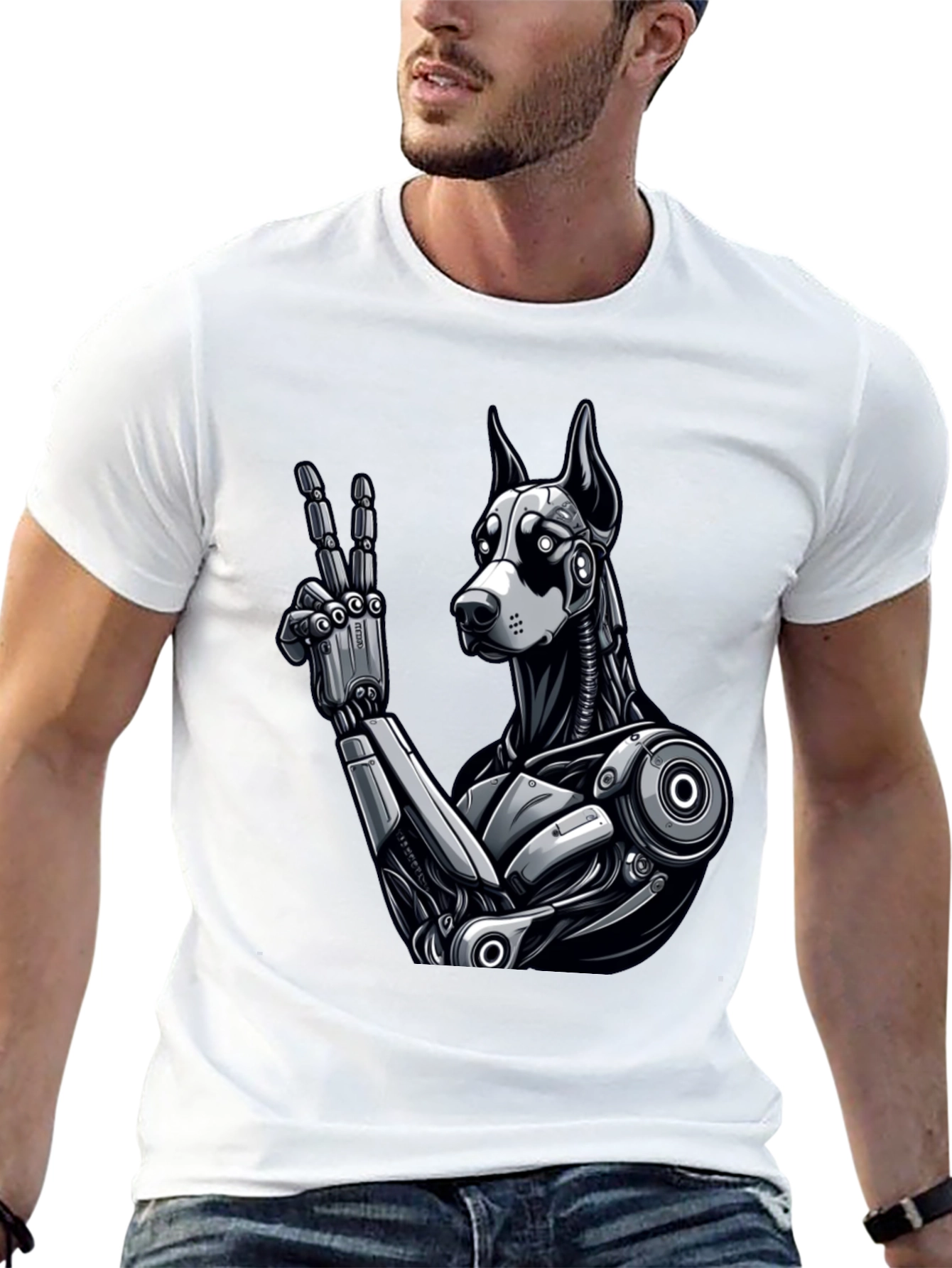 Robot Dog Peace Sign Graphic Tee - Black