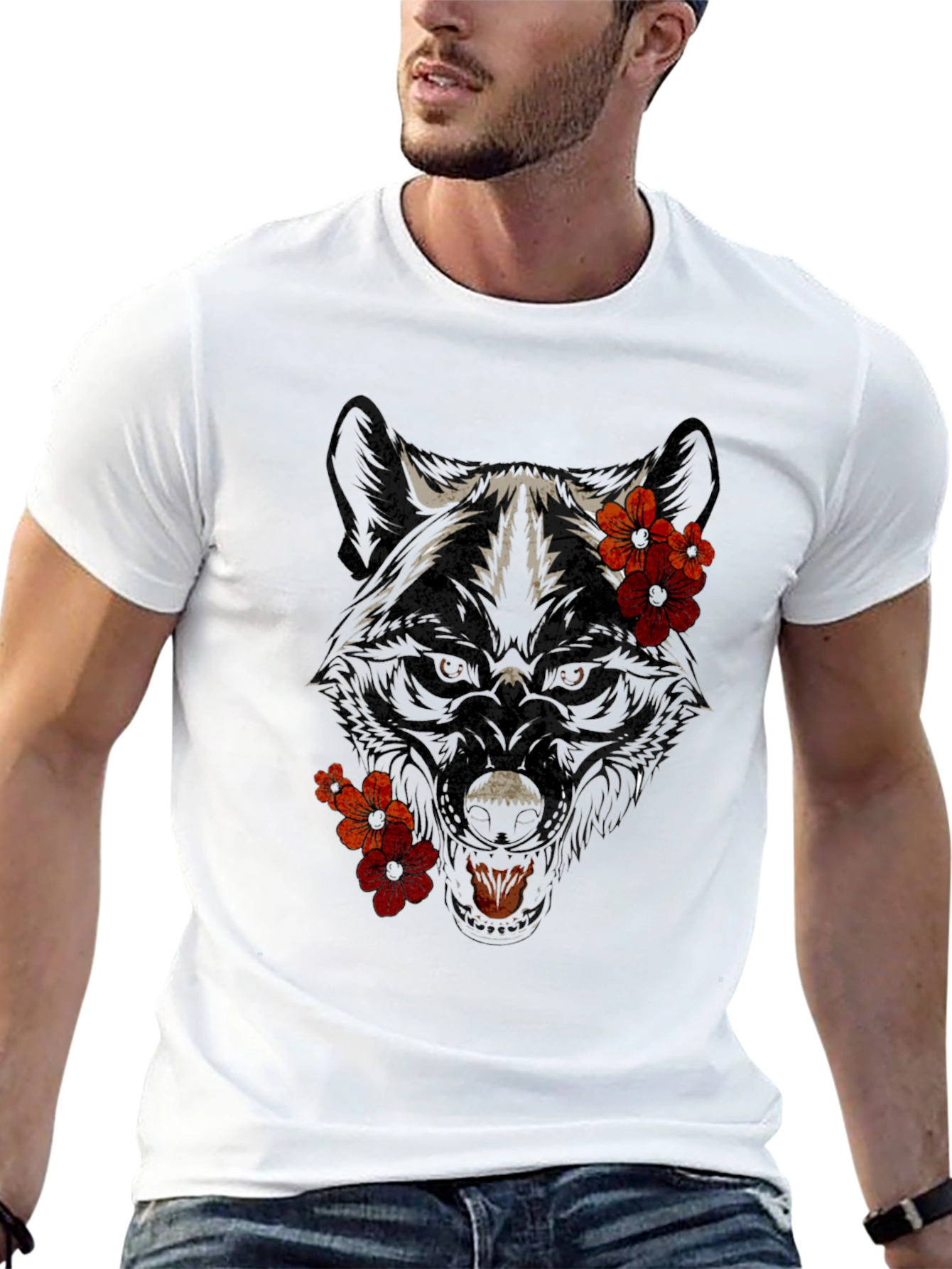 Wolf Floral Graphic T-Shirt - Black Cotton Tee
