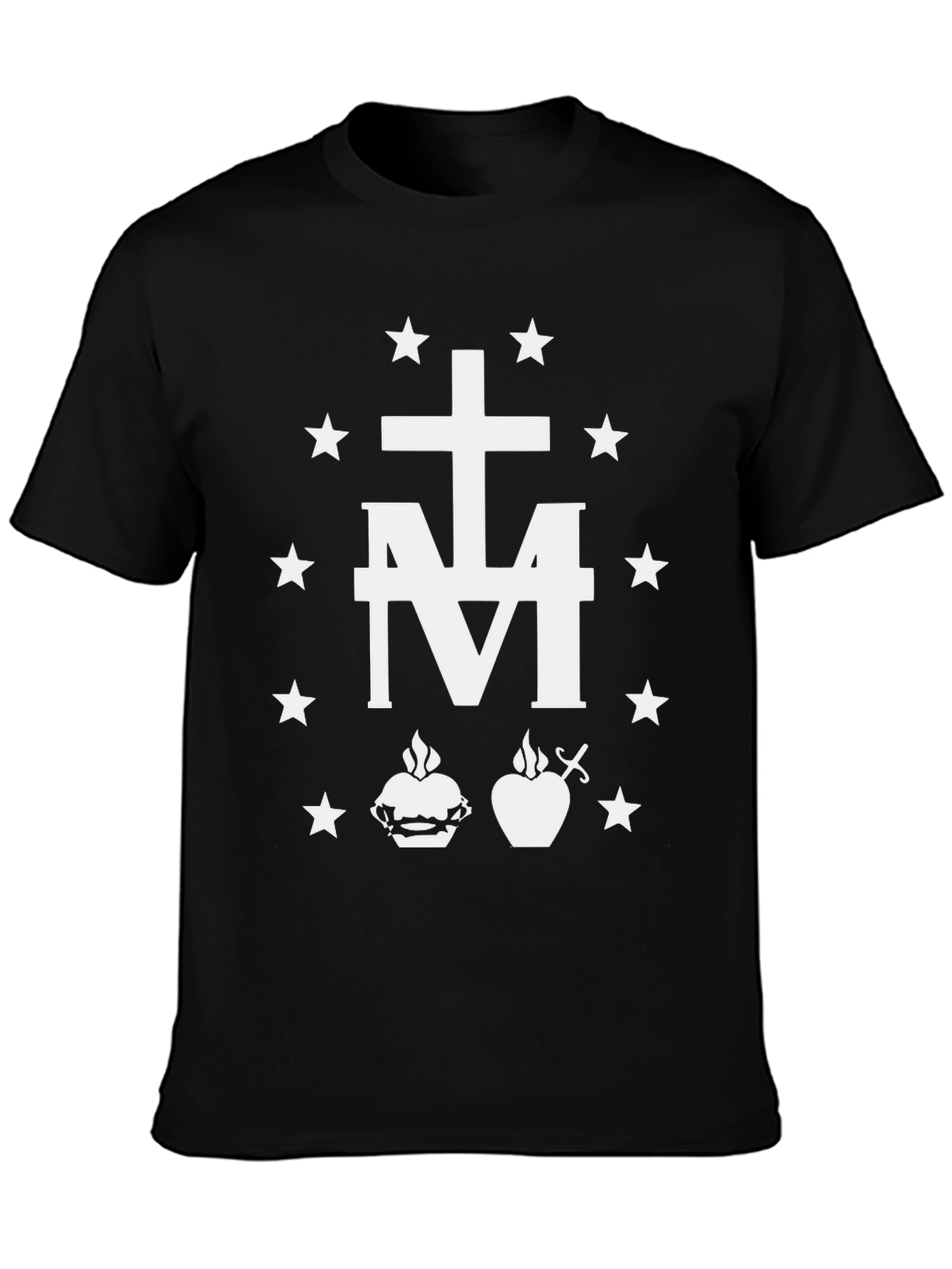 Black T-Shirt with White Catholic Virgin Mary Symbol