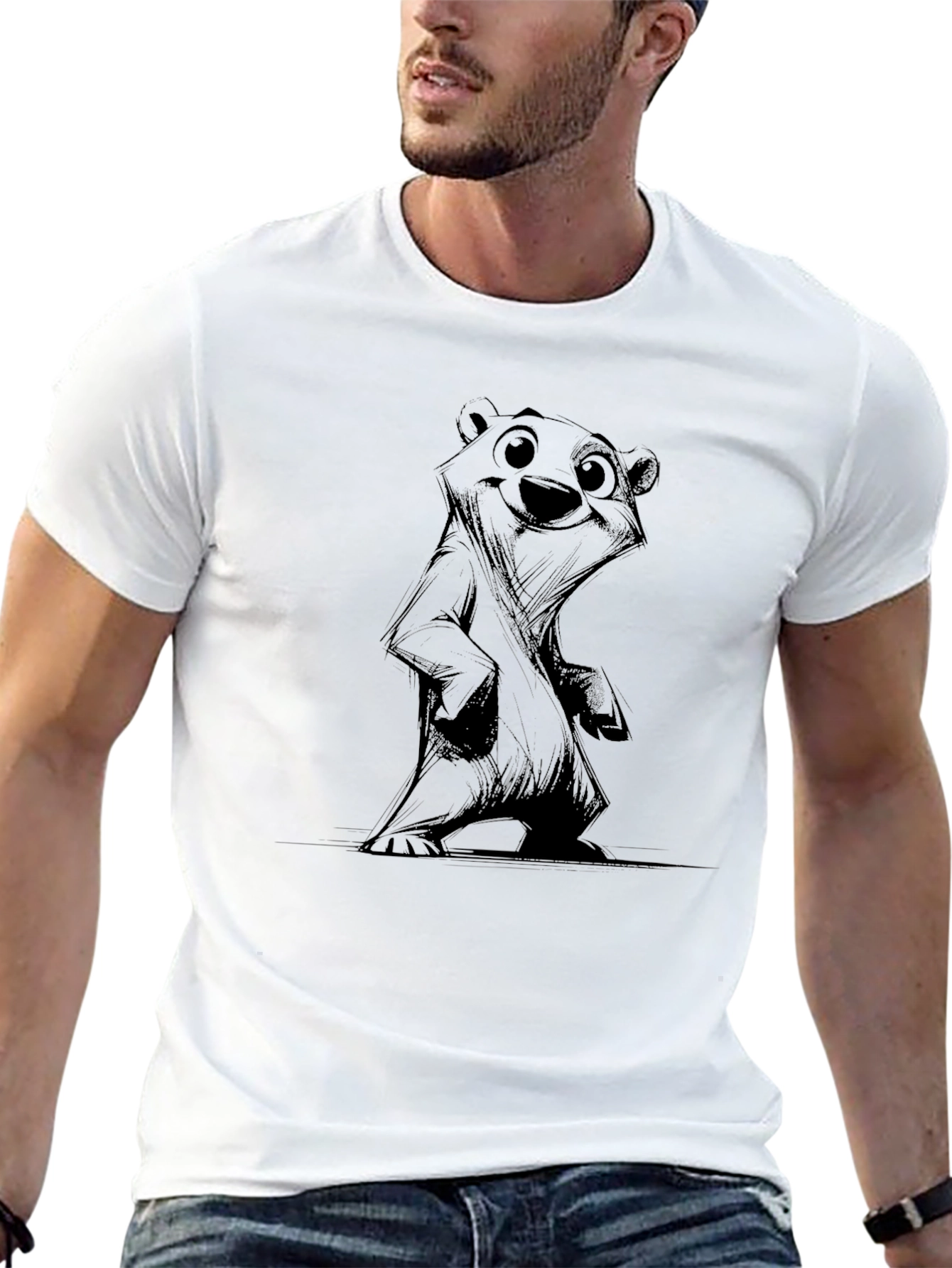 Mens Black Graphic Tee - Bear Sketch Design