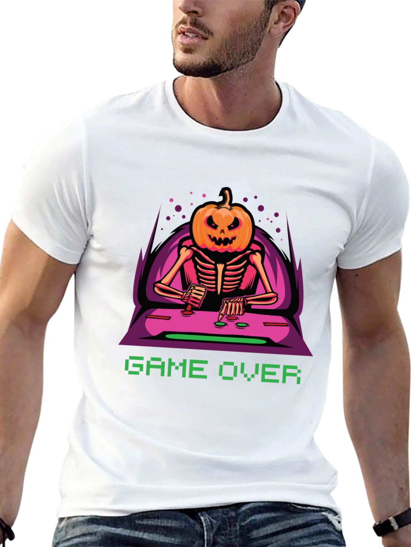 Game Over Pumpkin Skeleton Graphic Tee