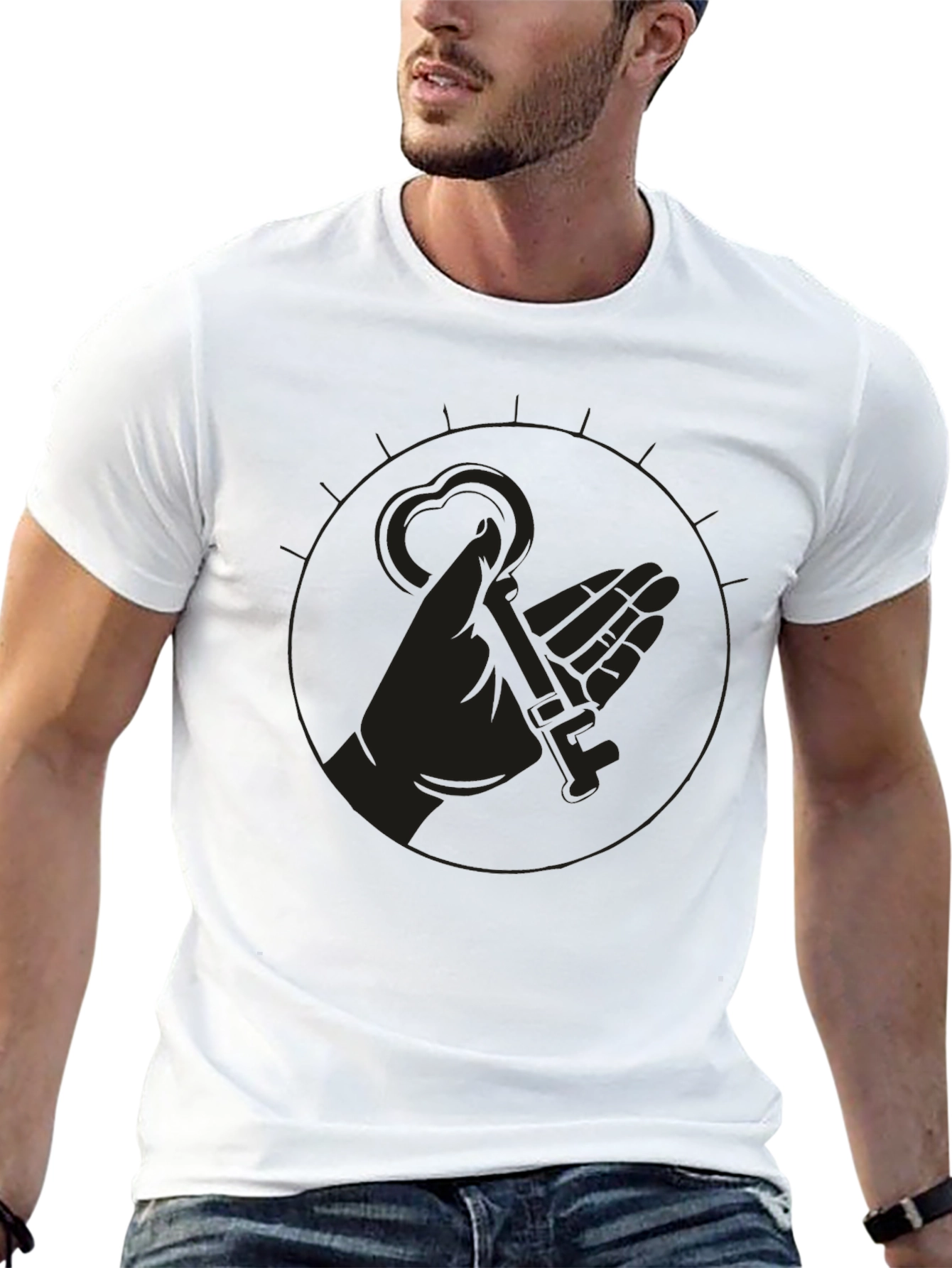 Mens Black Graphic Tee - Hand Holding Key Design