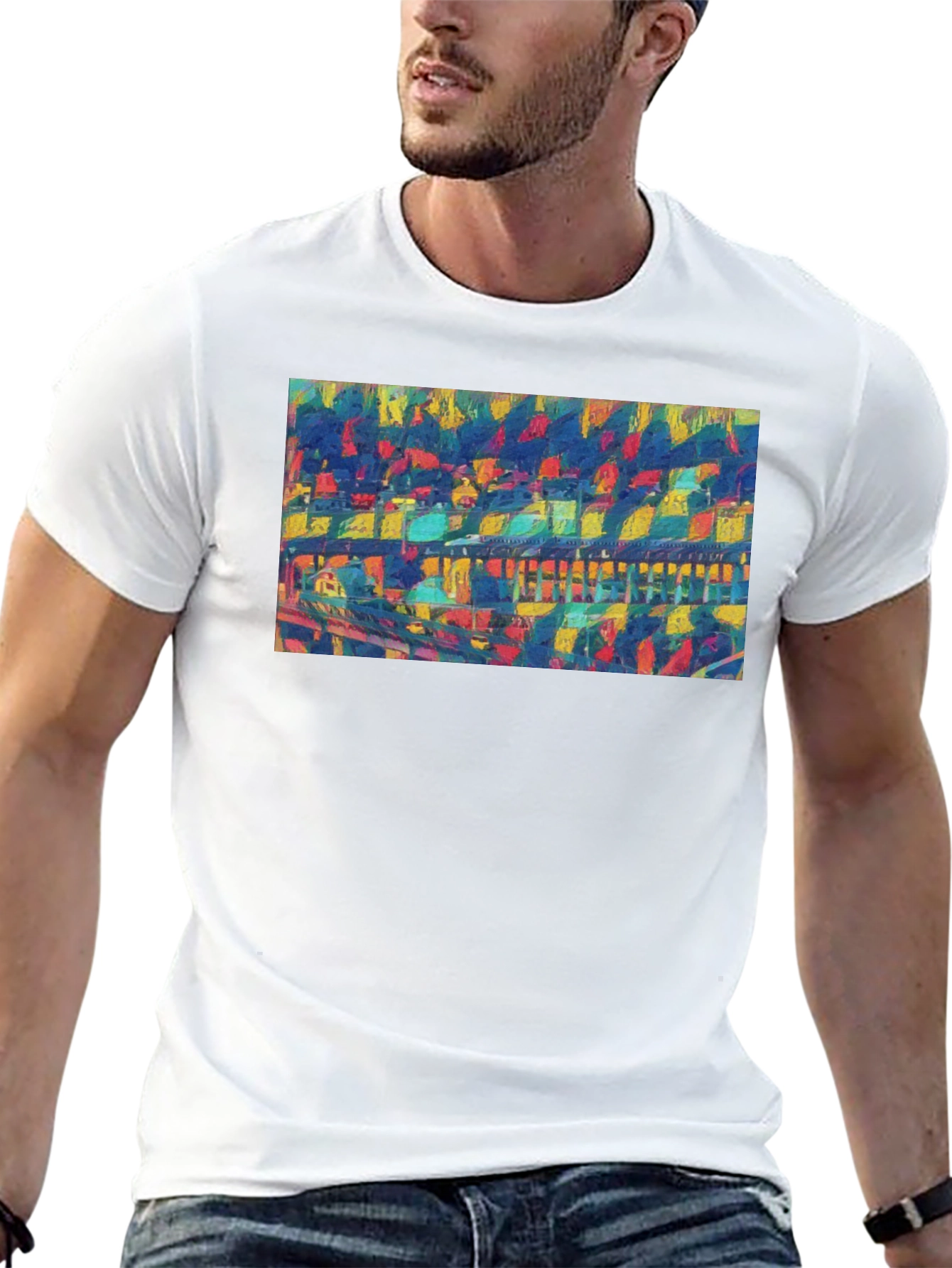 Abstract Bridge Art Print Black Crew Neck Tee