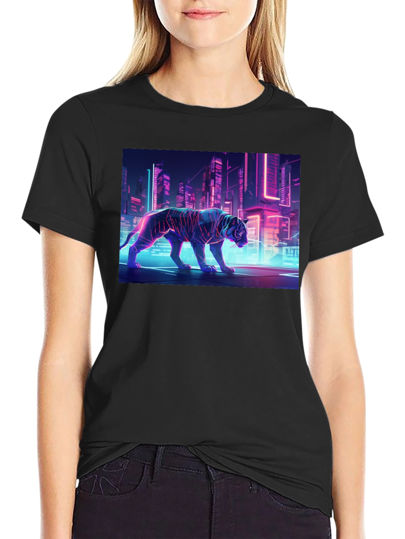 Cyberpunk Tiger Graphic Tee - Black Crew Neck T-Shirt