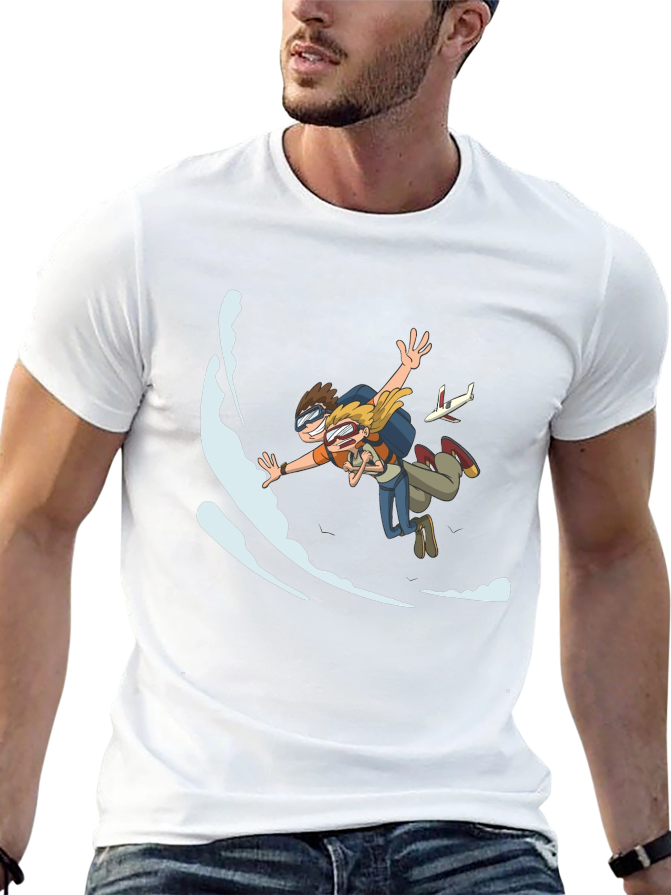 Skydiving Cartoon Graphic Black T-Shirt