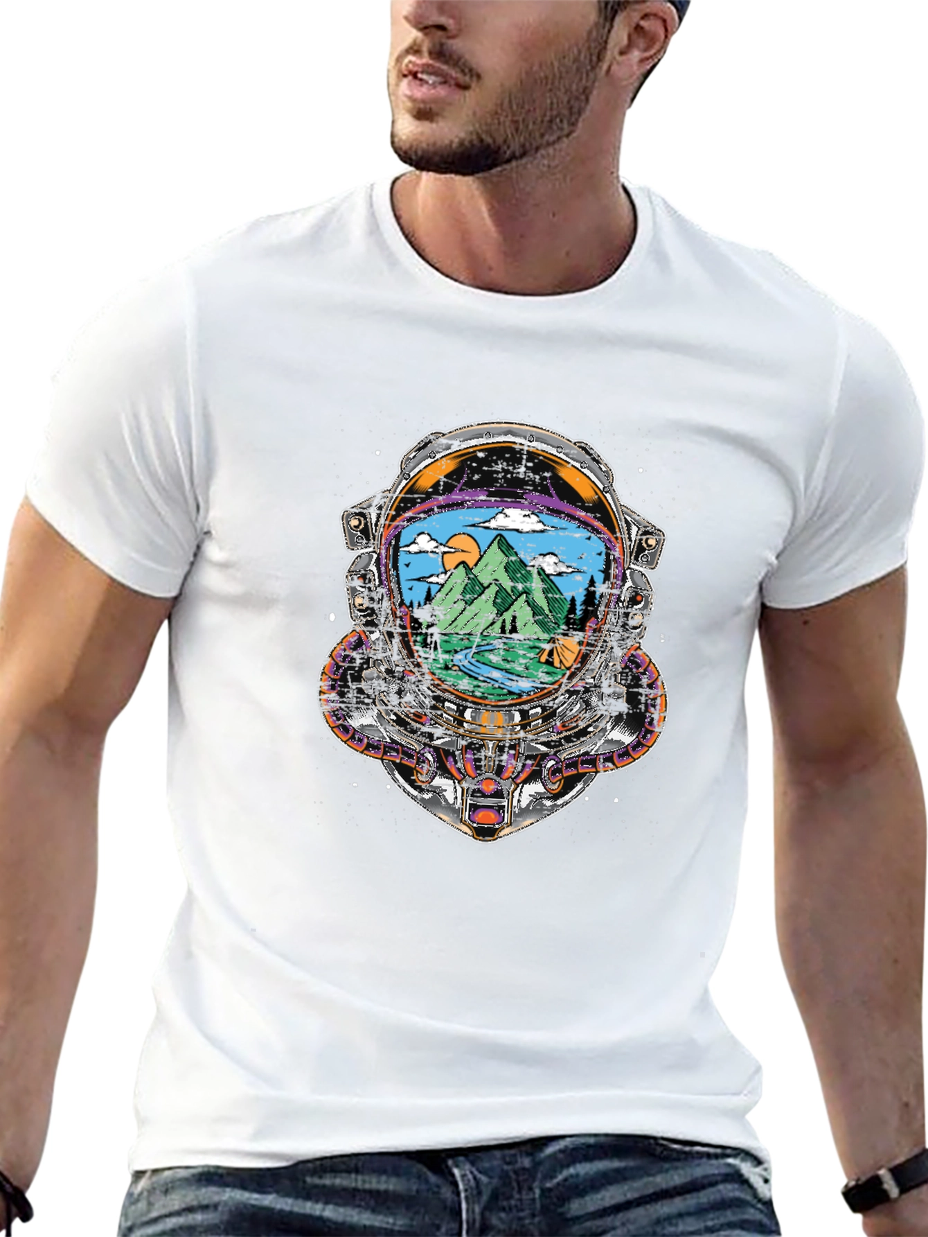 Astronaut Helmet Camping Scene Graphic Tee