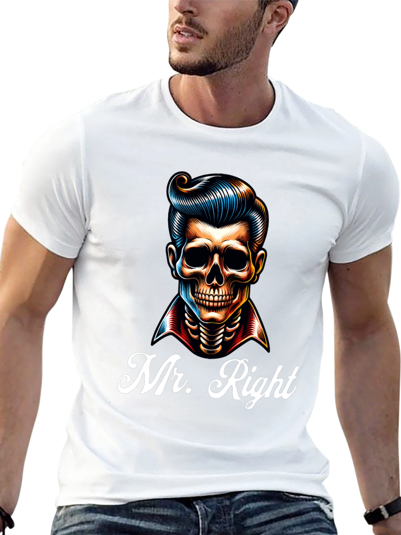 Mr. Right Skeleton Graphic Print Black T-Shirt