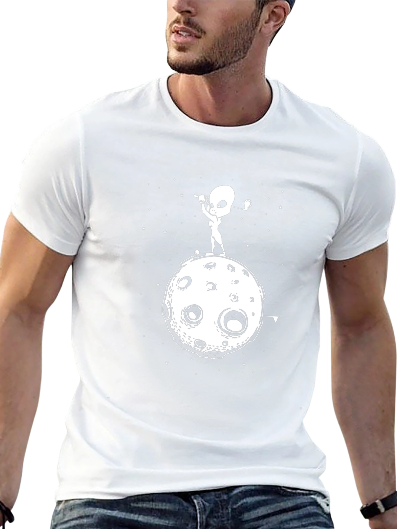 Alien Golfing on the Moon Black T-Shirt