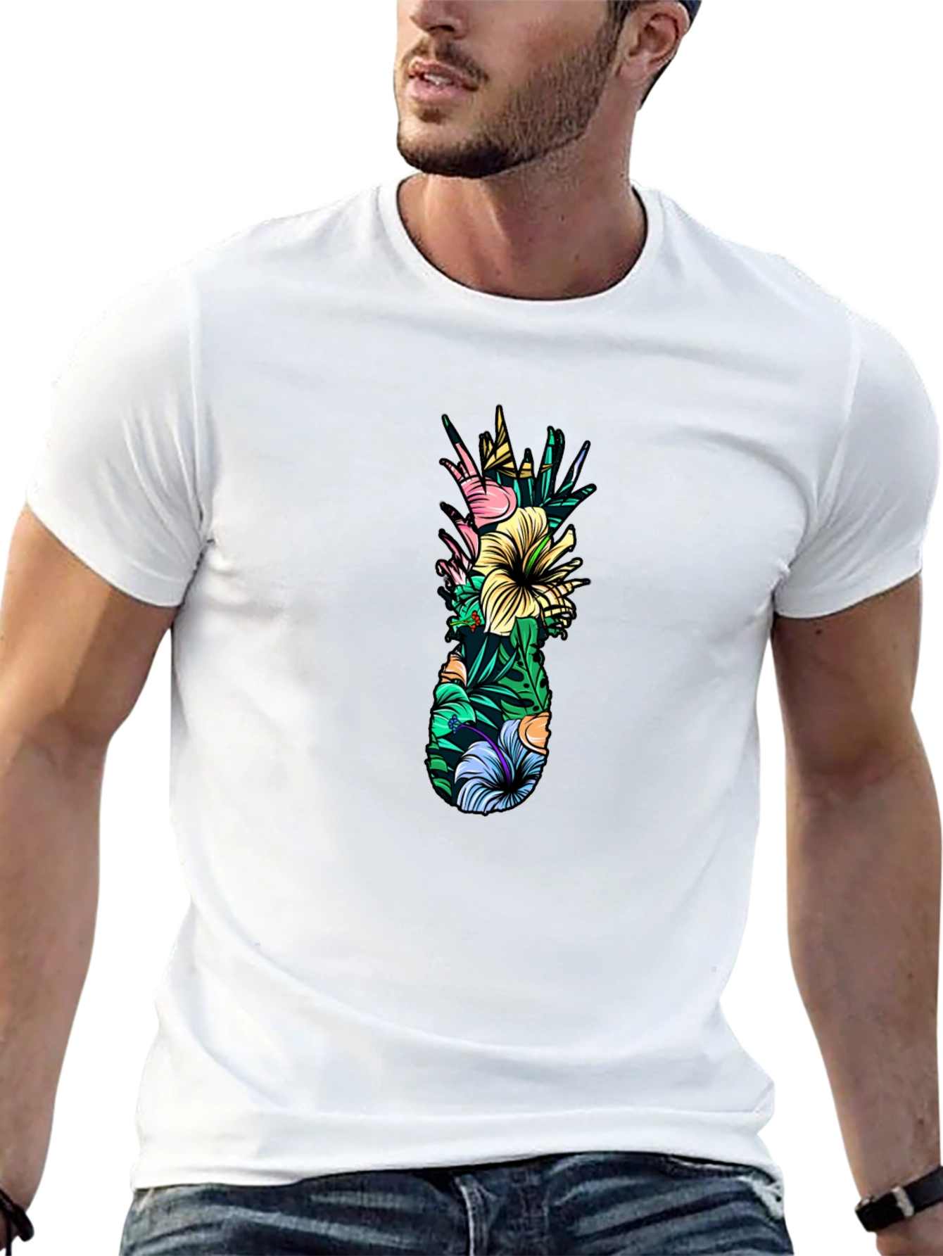 Tropical Pineapple Graphic Tee - Black Cotton T-Shirt