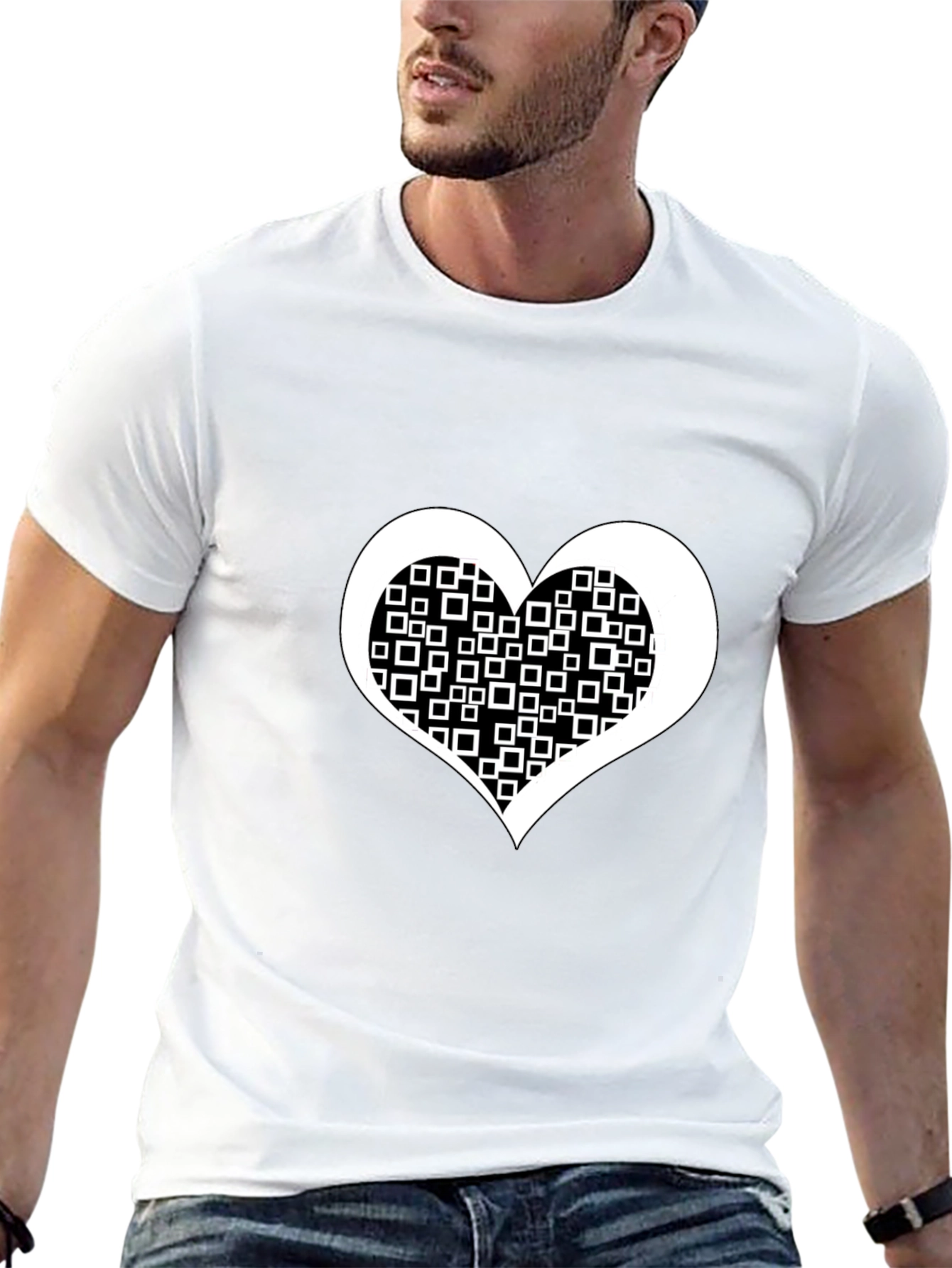 Black Tee with White Square Heart Design