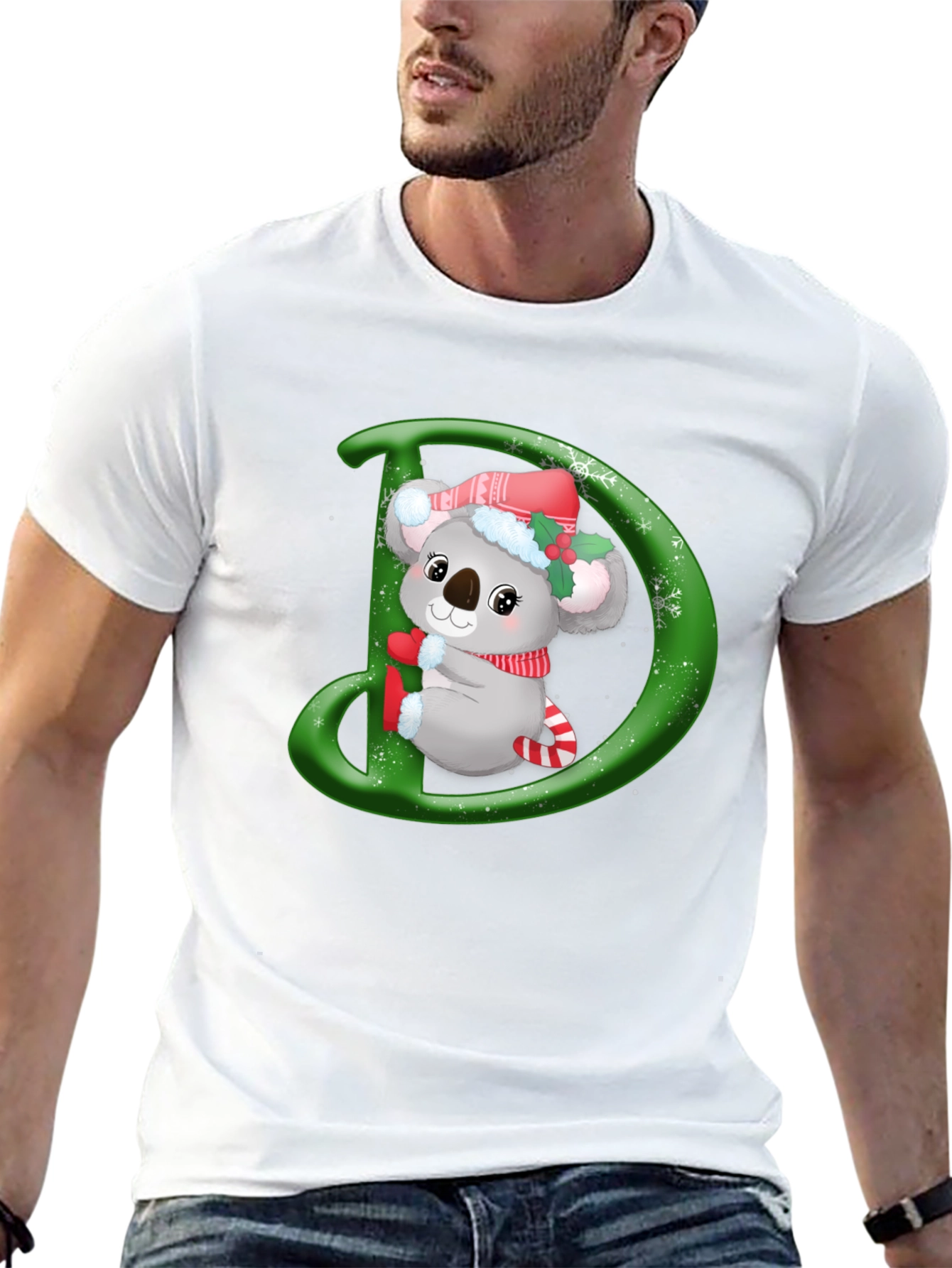 Christmas Koala D Initial Black T-Shirt