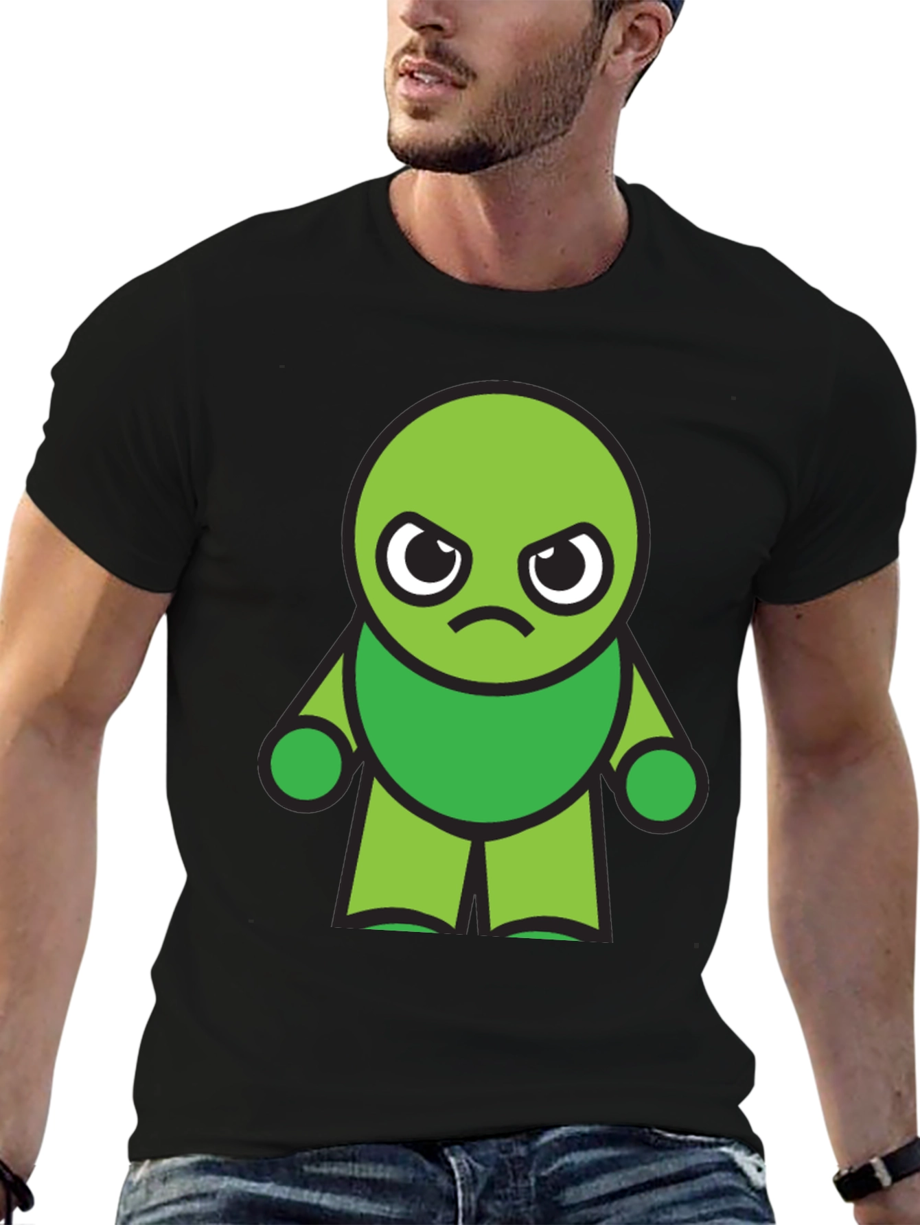 Grumpy Green Cartoon Character Black T-Shirt