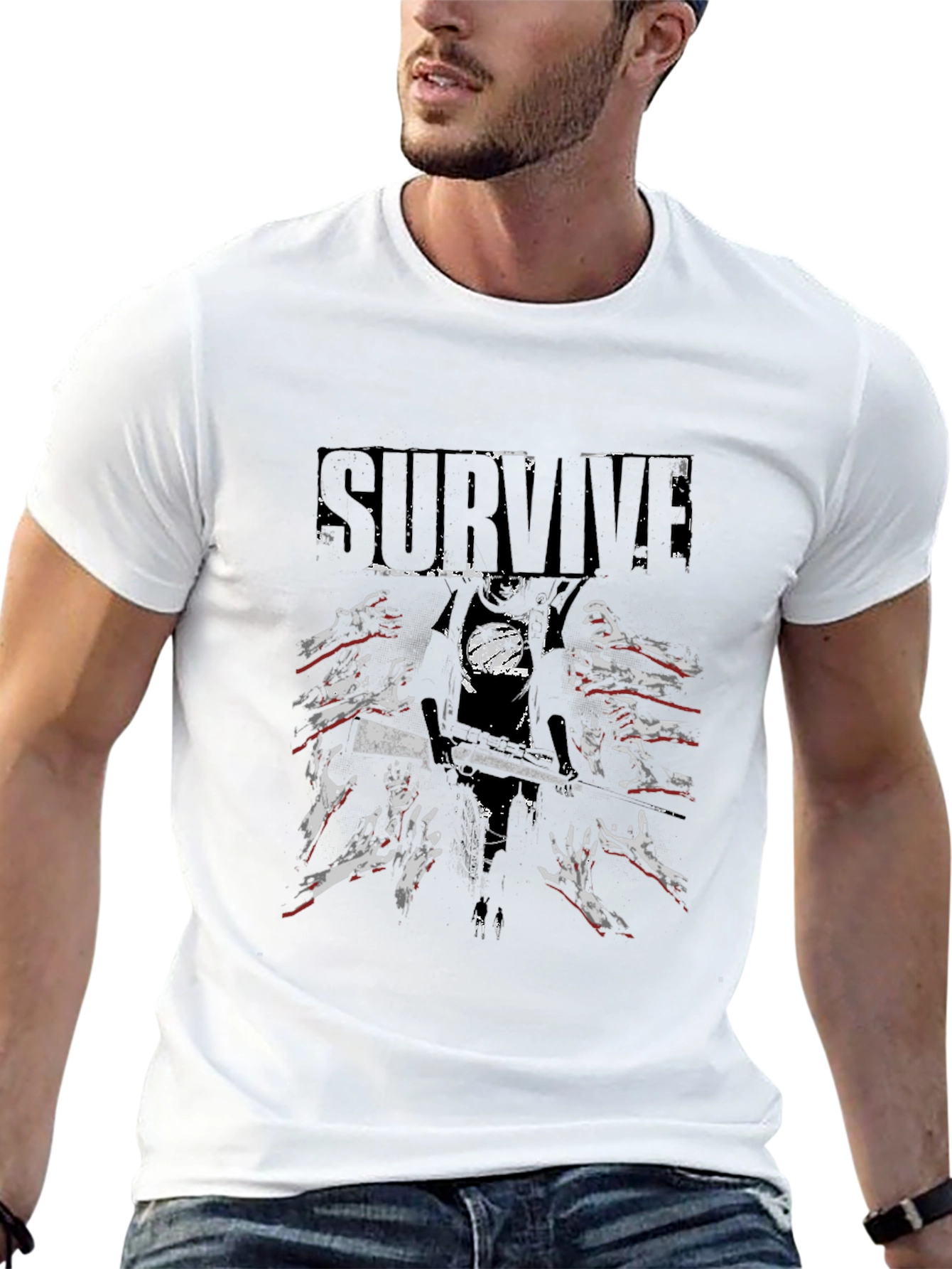 Survive Zombie Graphic Print Black T-Shirt