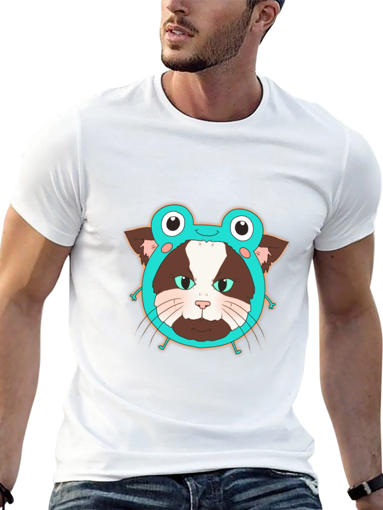 Funny Cat in Frog Hat Graphic Tee - Black