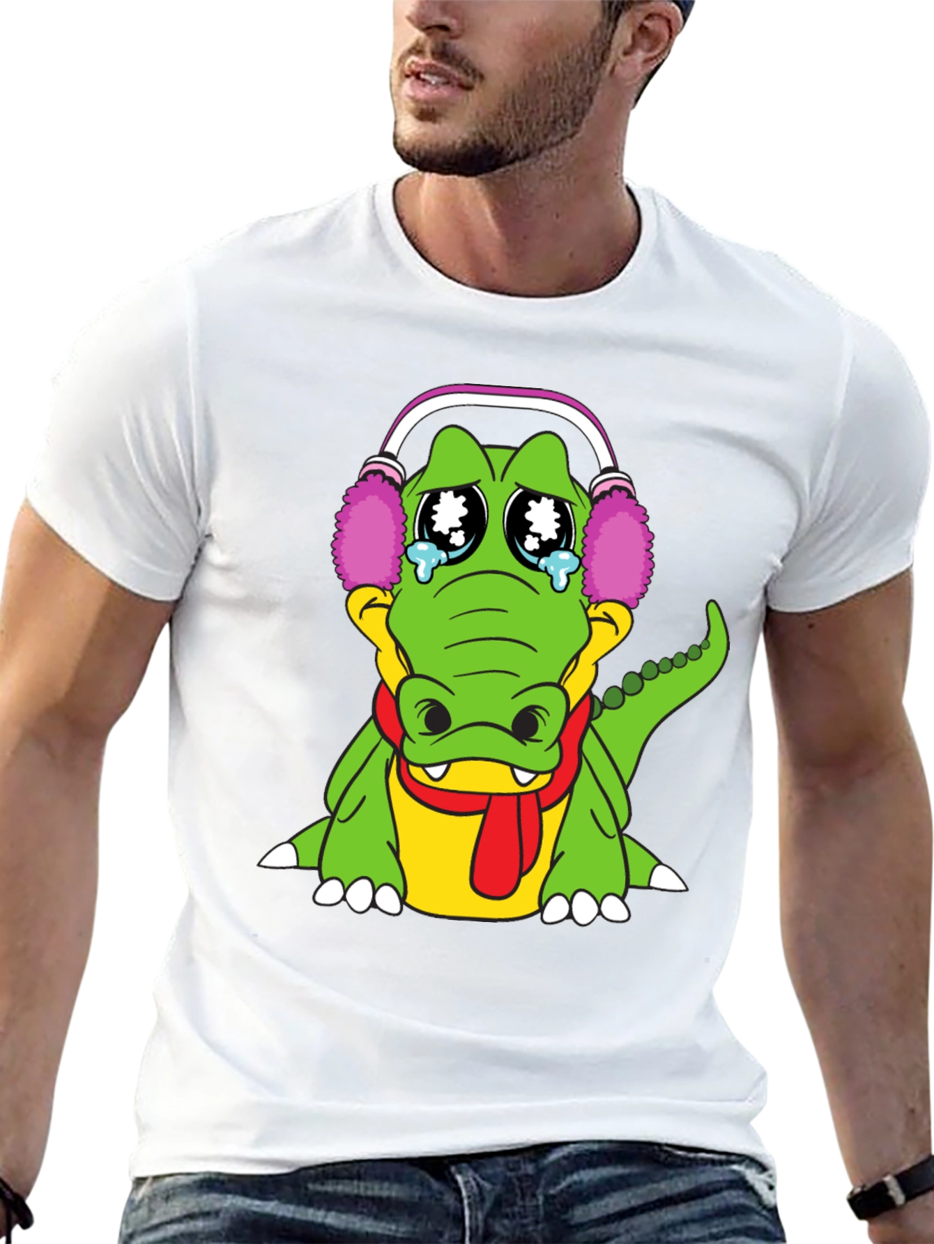Crying Alligator with Earmuffs Graphic Tee