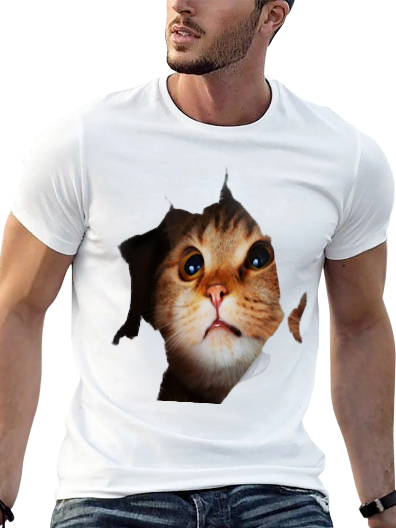 3D Cat Peeking Out Black T-Shirt