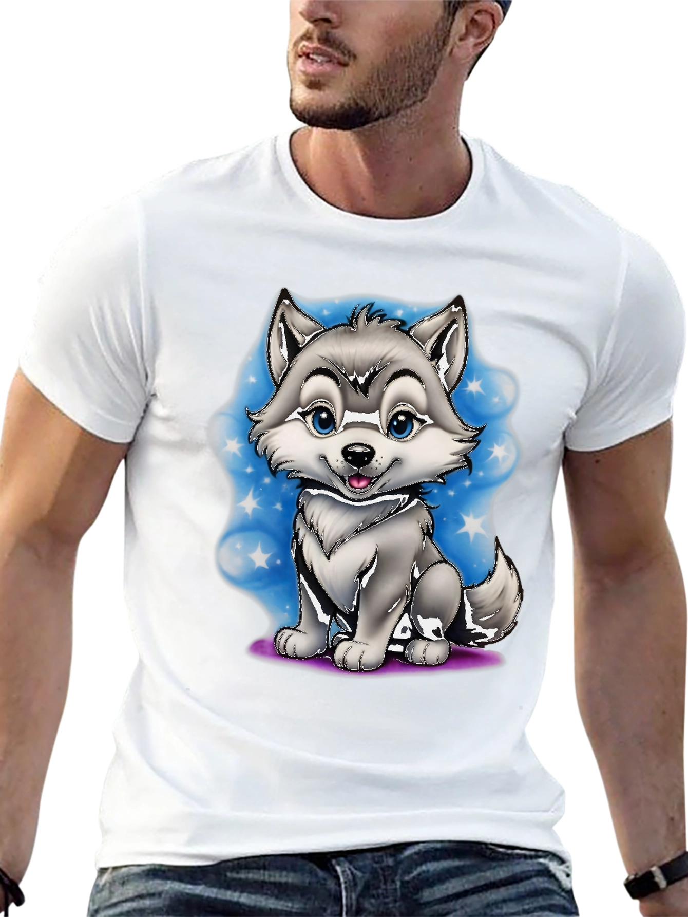 Cute Cartoon Wolf Graphic Tee - Black