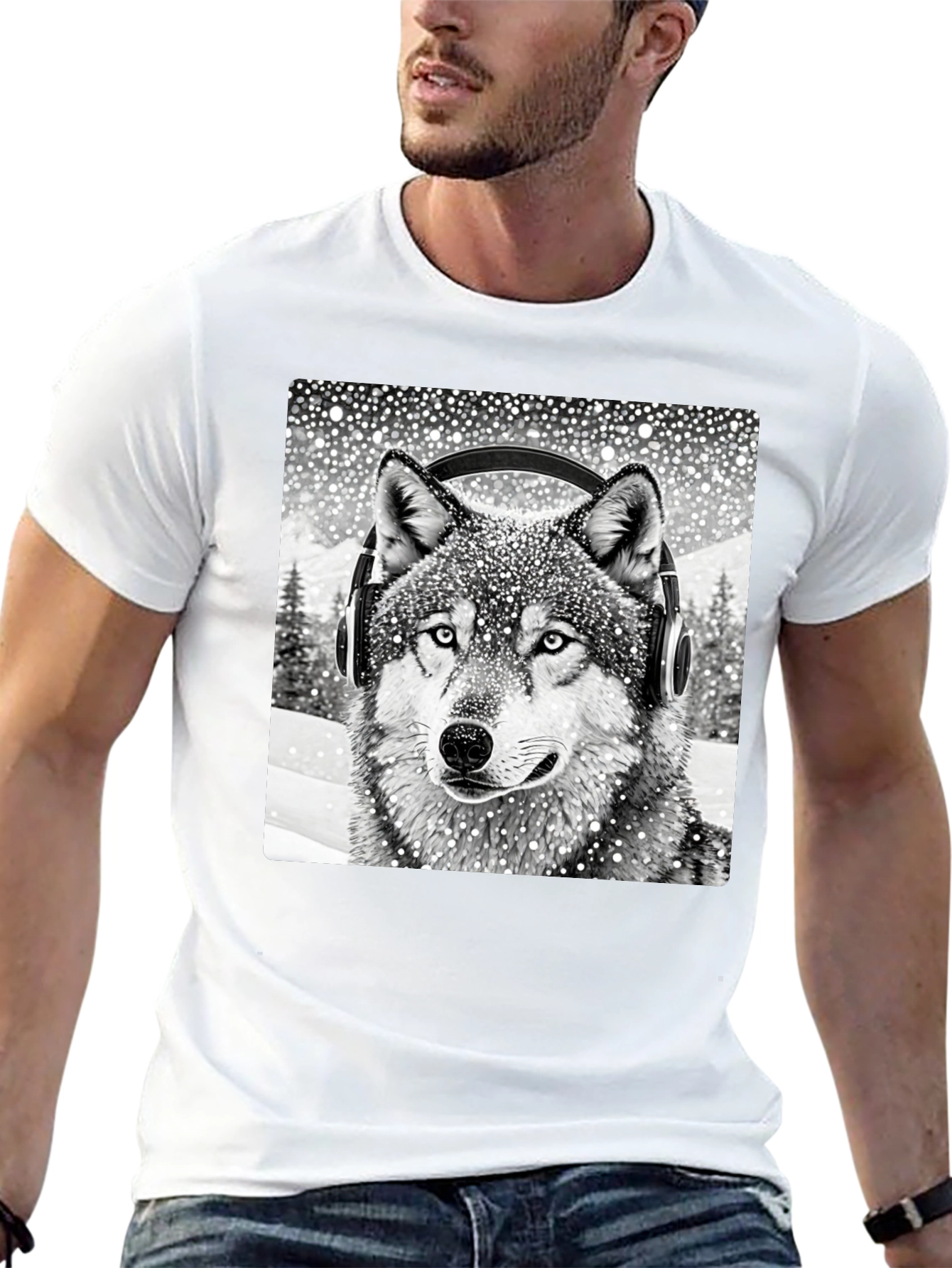 Wolf Headphones Black T-Shirt - Cool Animal Design