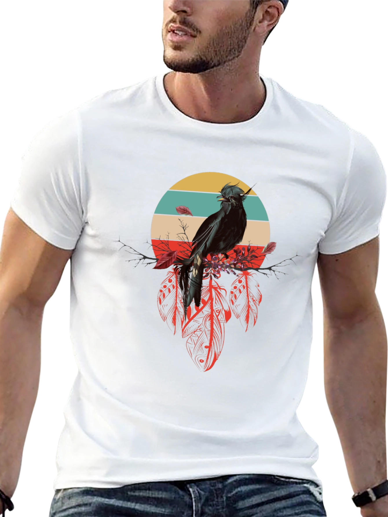Raven Feather Dream T-Shirt - Retro Bird Design