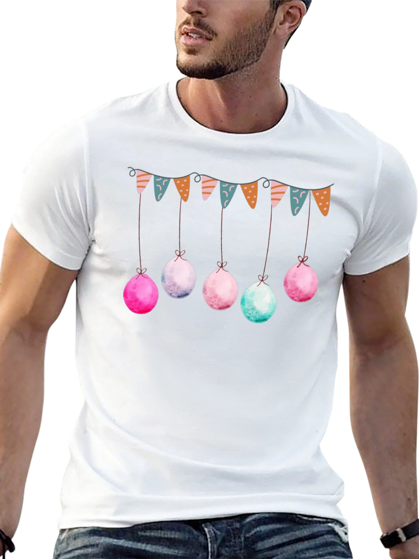 Whimsical Easter Garland Tee - Black Crew Neck Shirt