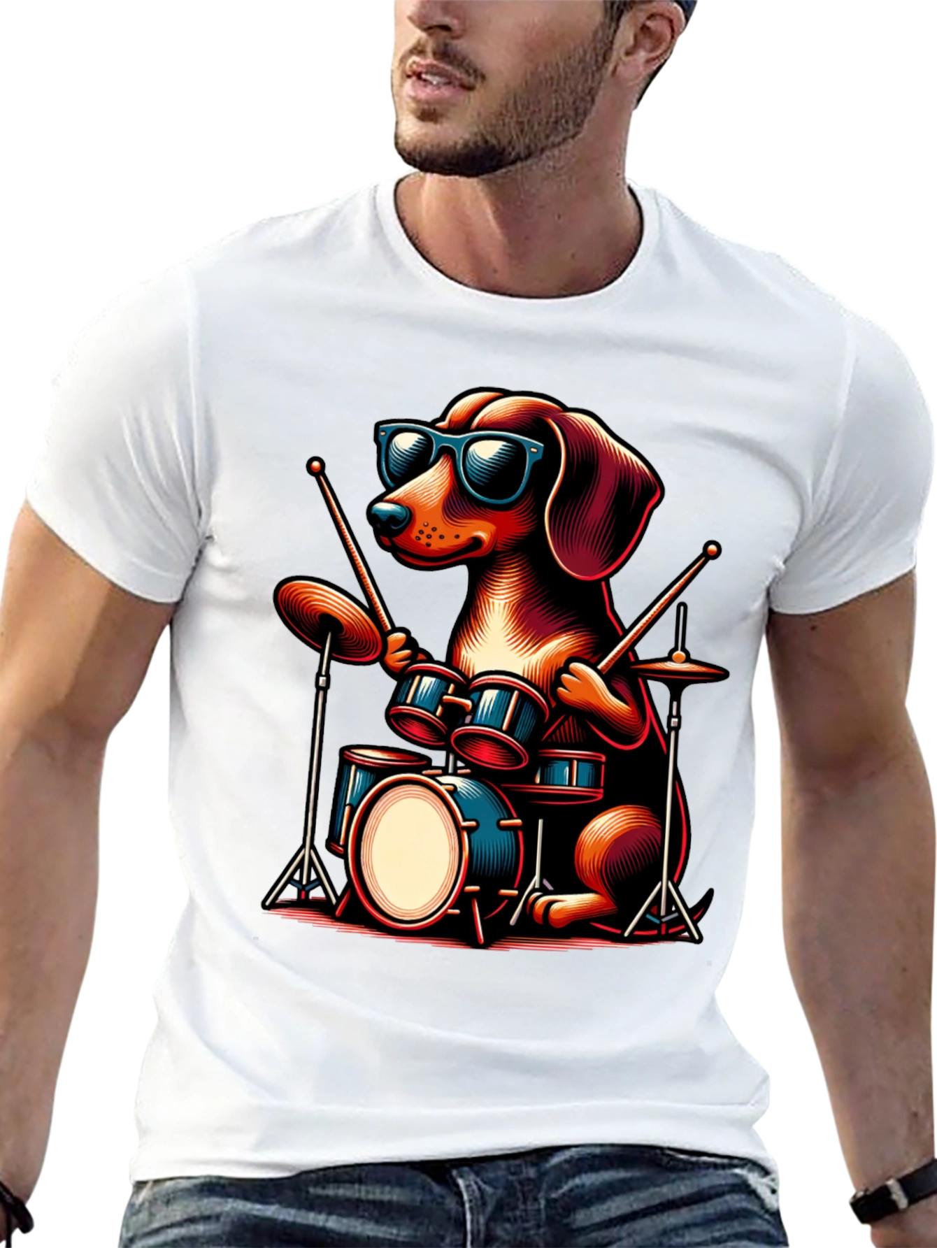 Cool Dog Drummer Graphic Tee - Black Cotton