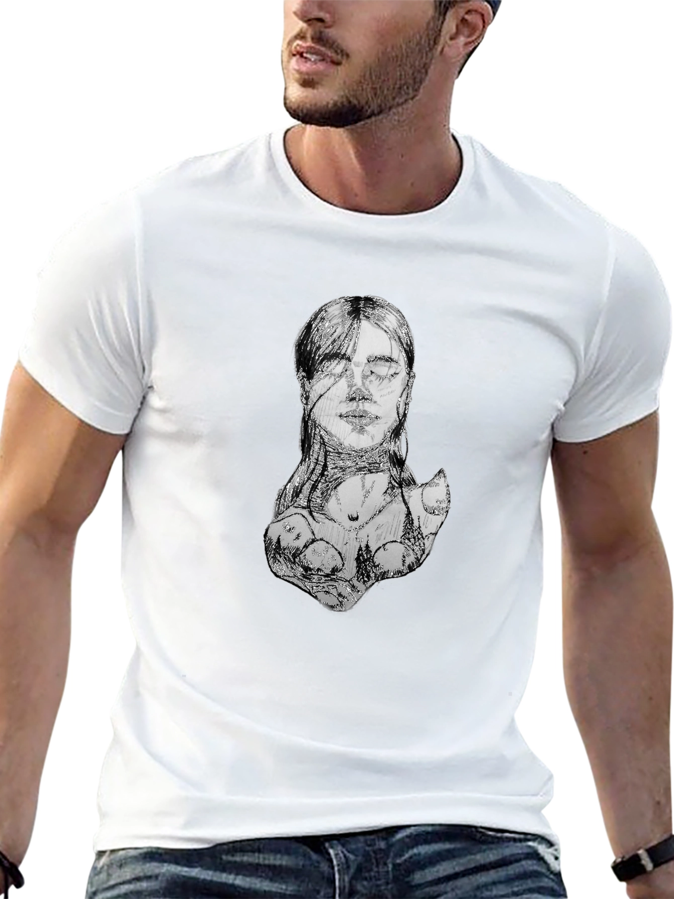 Abstract Sketch Face Black T-Shirt