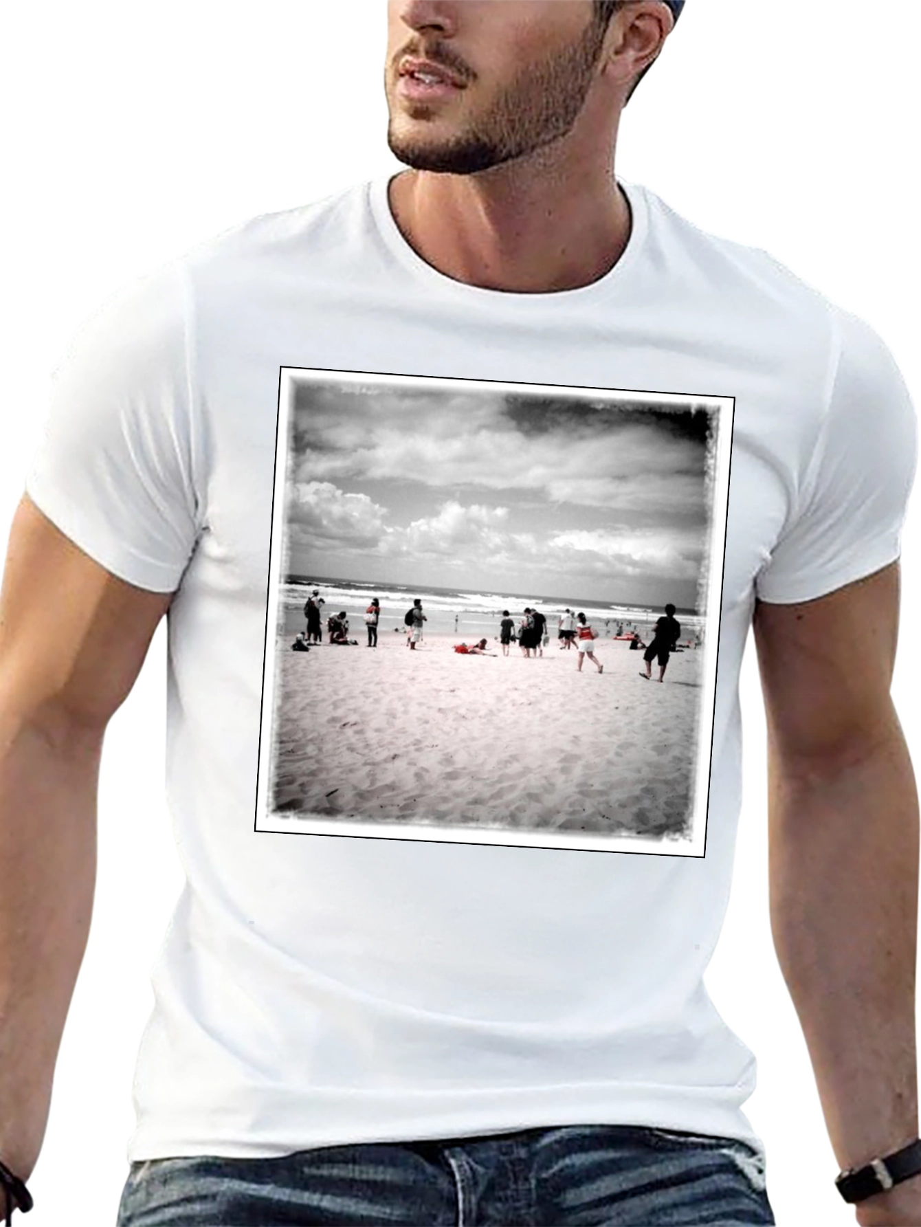 Beach Scene Graphic Tee - Black Cotton T-Shirt