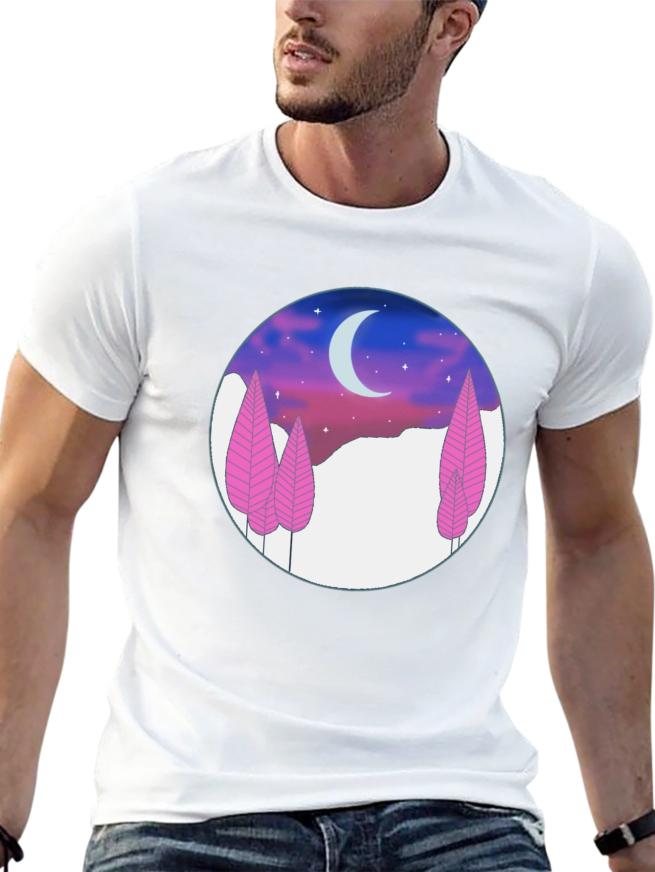 Night Sky T-Shirt - Pink Trees & Crescent Moon