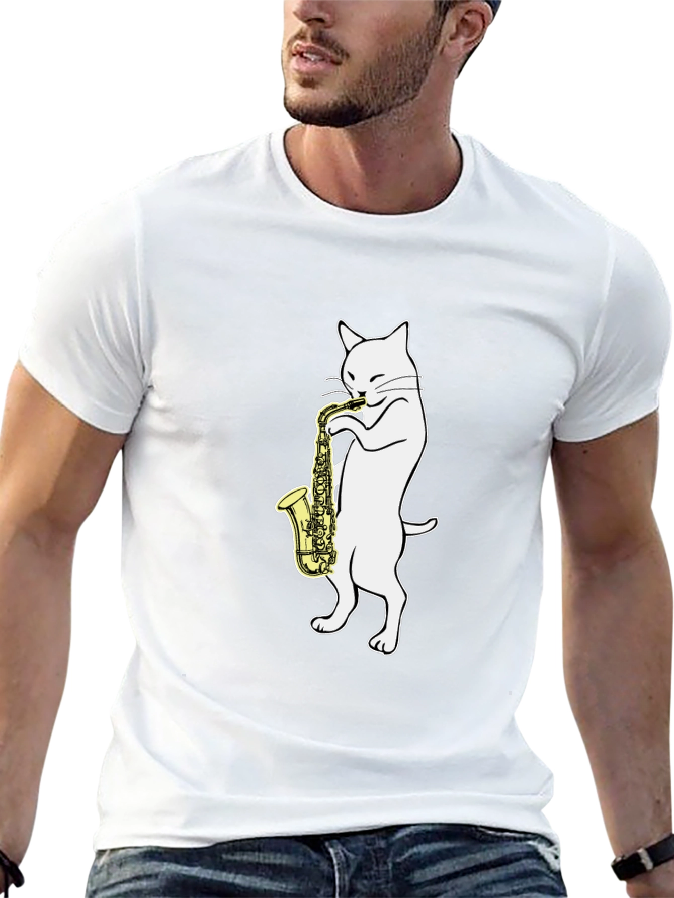 Cat Saxophone Player Graphic Tee - Black Cotton
