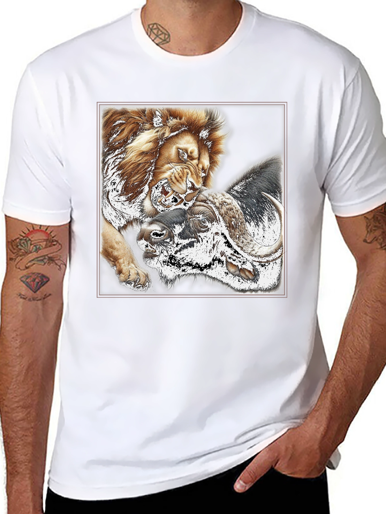 Lion vs Buffalo Graphic Tee - Black Crew Neck
