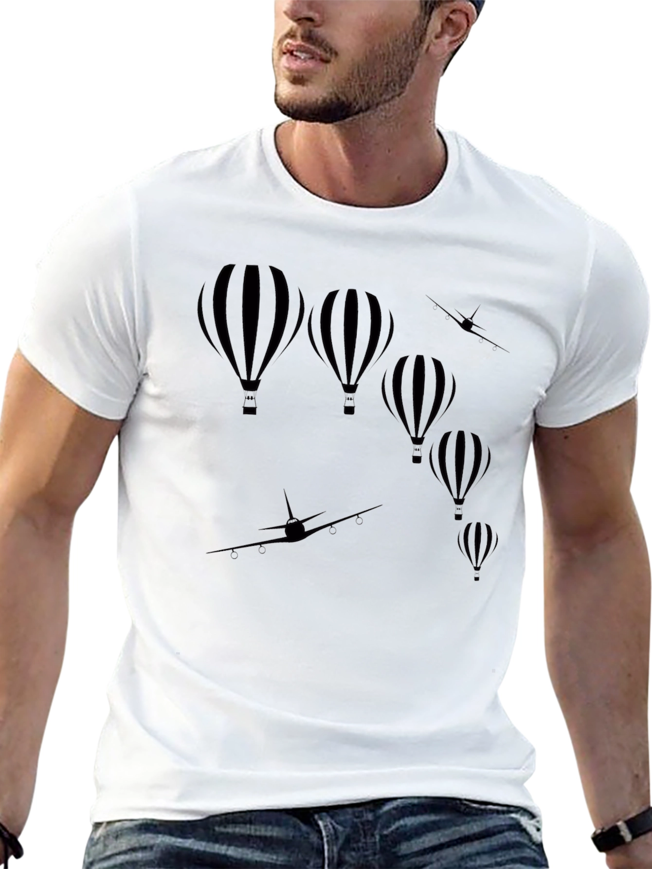 Black Hot Air Balloon & Airplane Graphic Tee