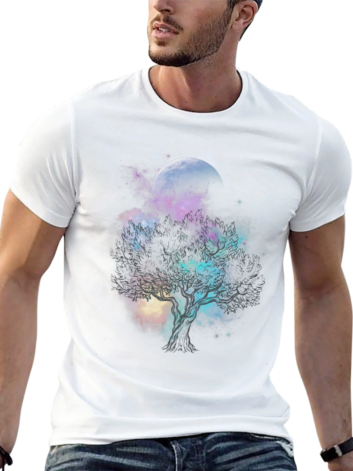 Celestial Tree Graphic T-Shirt - Black Cotton Tee