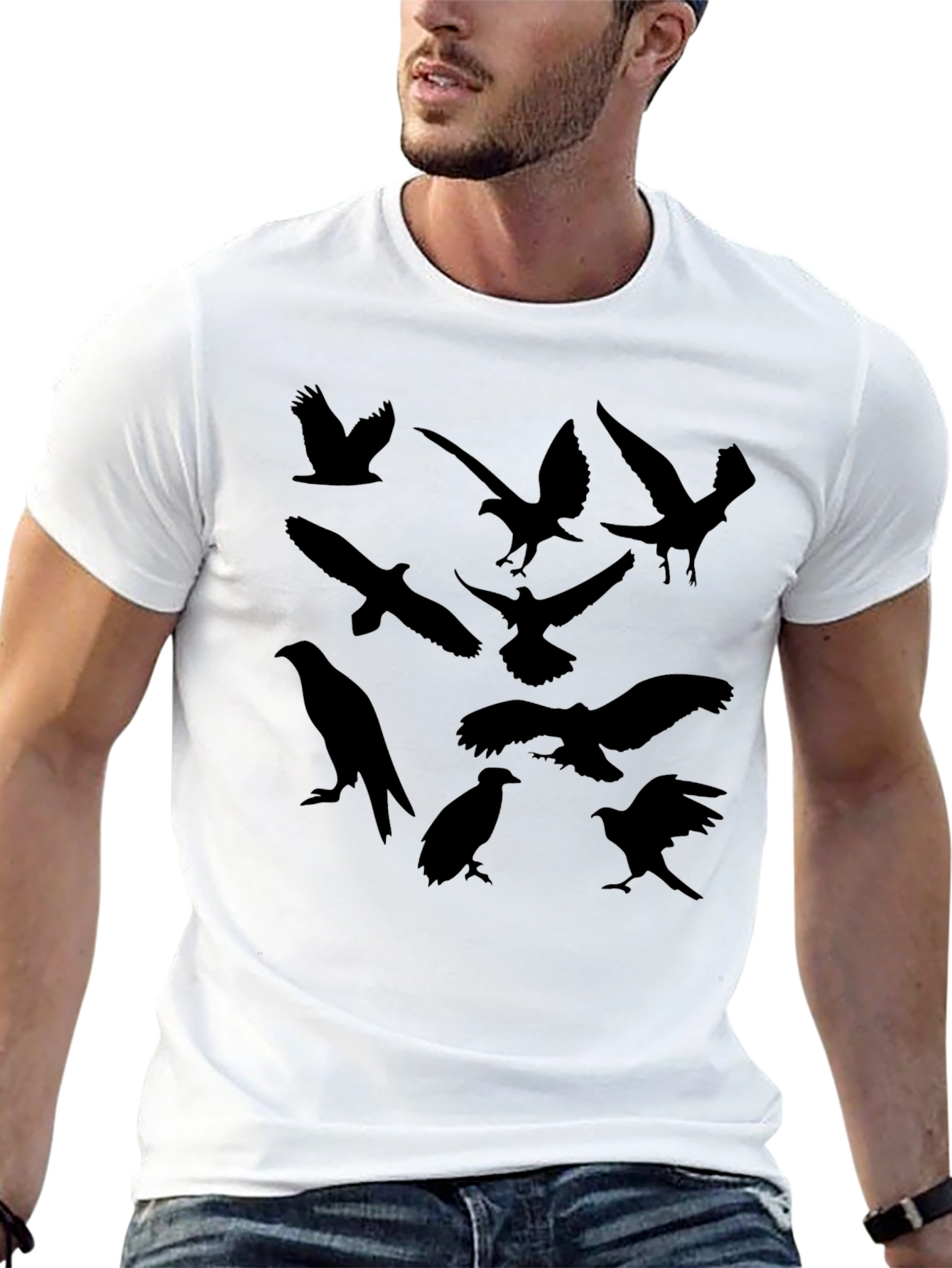 Black T-Shirt with Bird Silhouettes