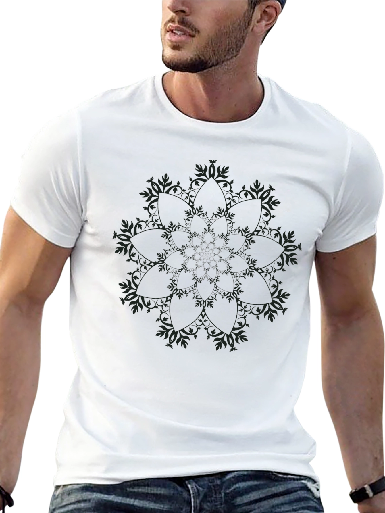 Black T-Shirt with Subtle Floral Mandala Design