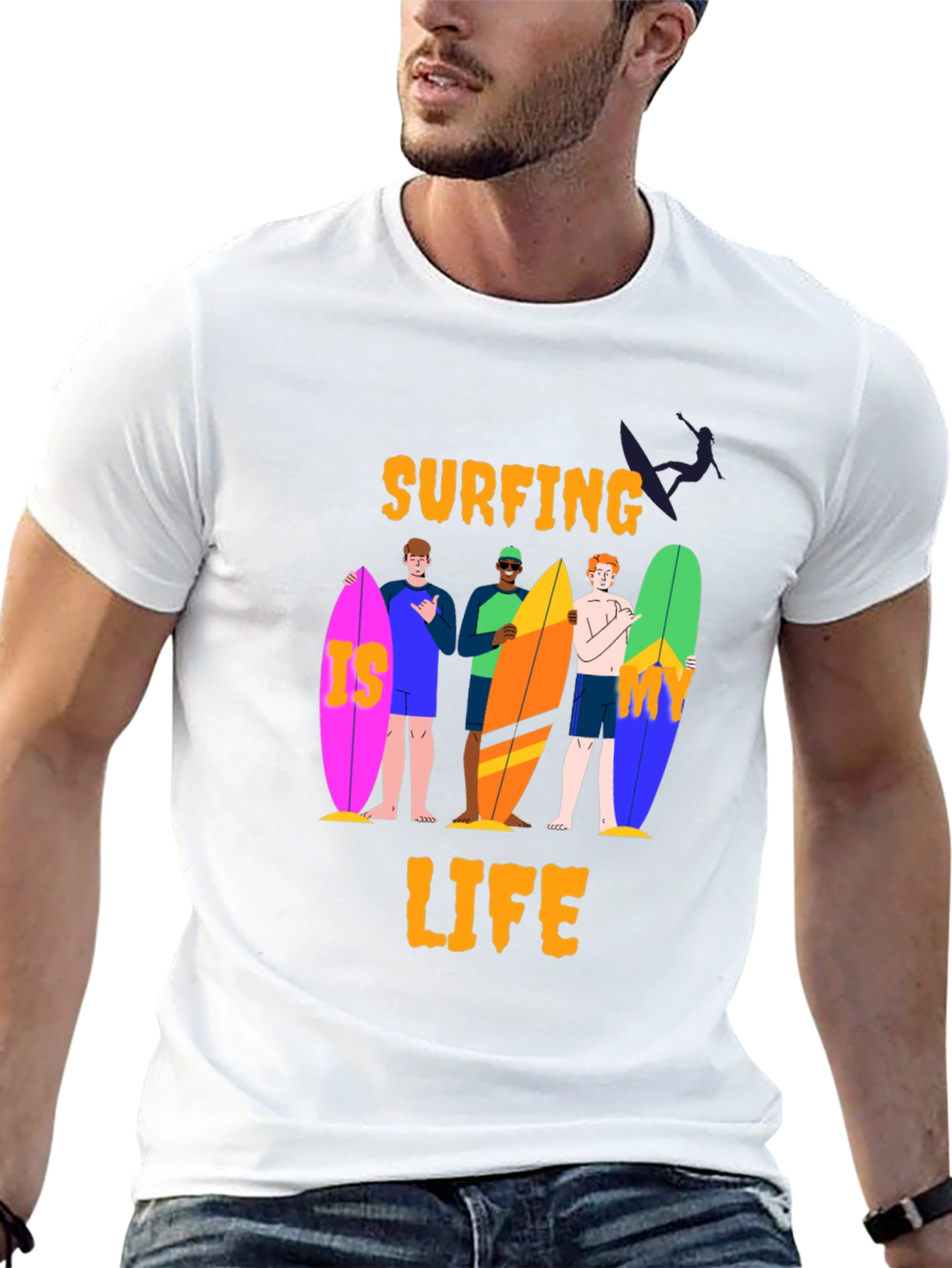 Surfing Life Graphic Tee - Black Cotton T-Shirt