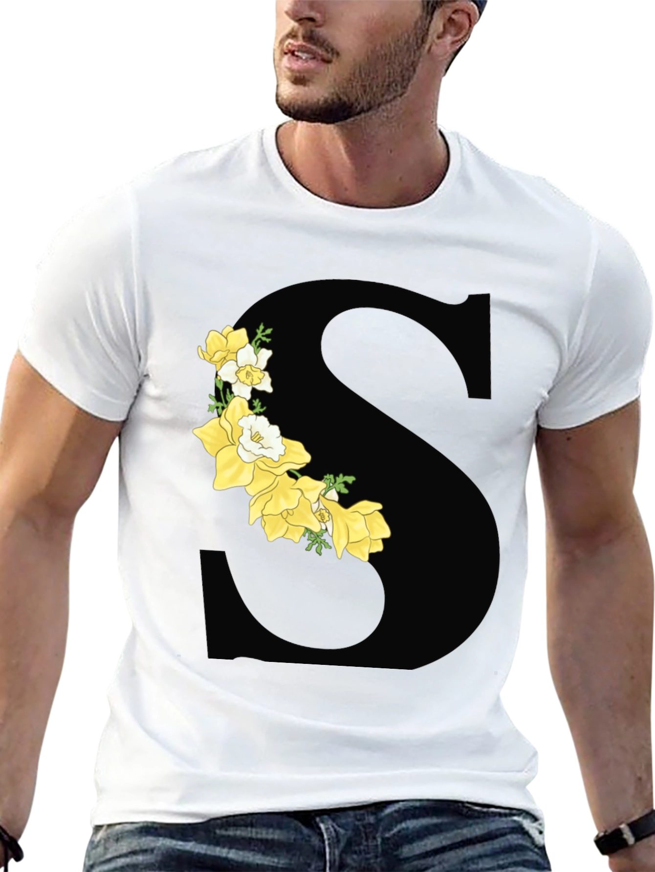 Floral Letter S Black Graphic Tee