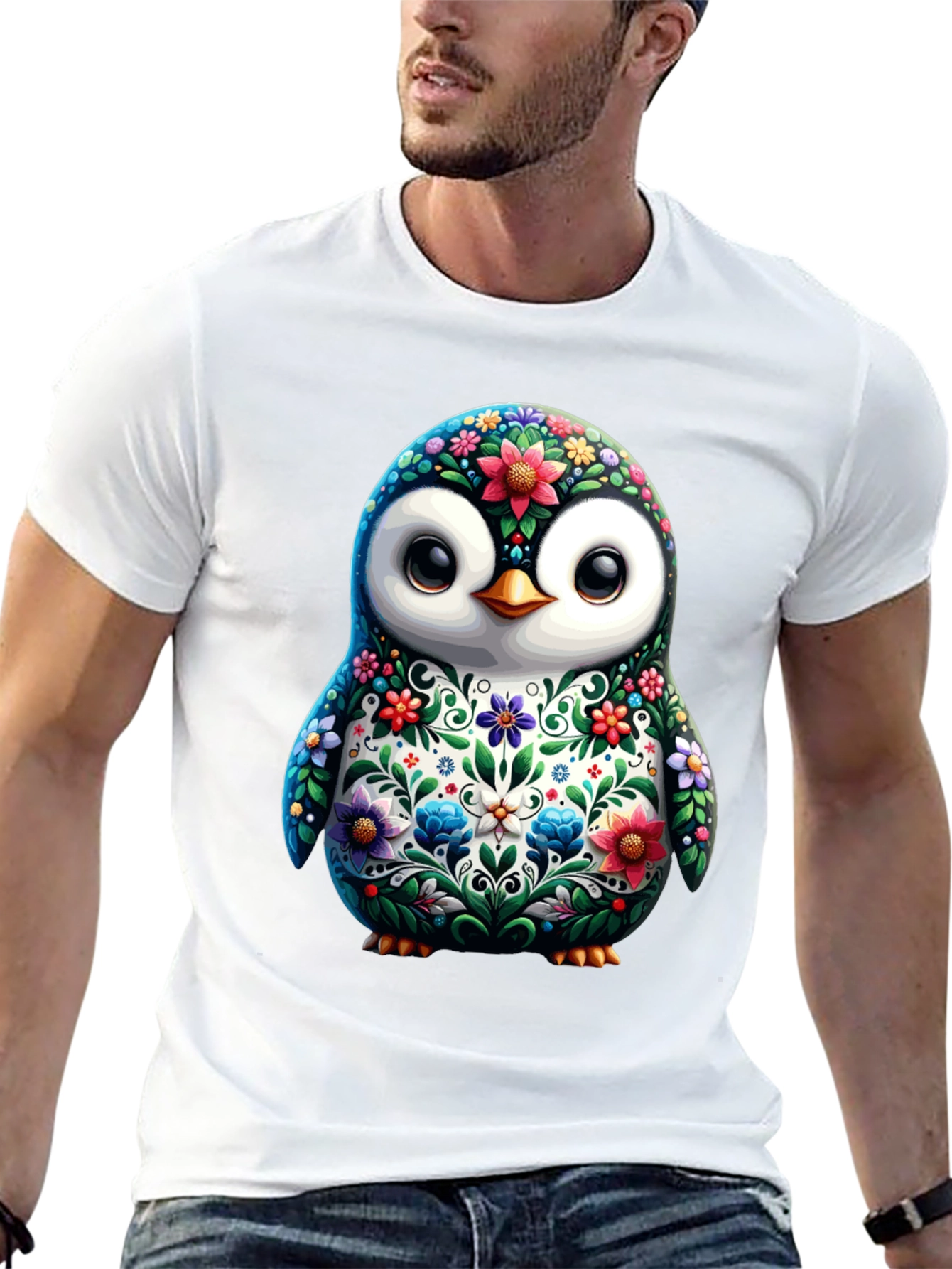 Floral Penguin Graphic Tee - Black Cotton T-Shirt