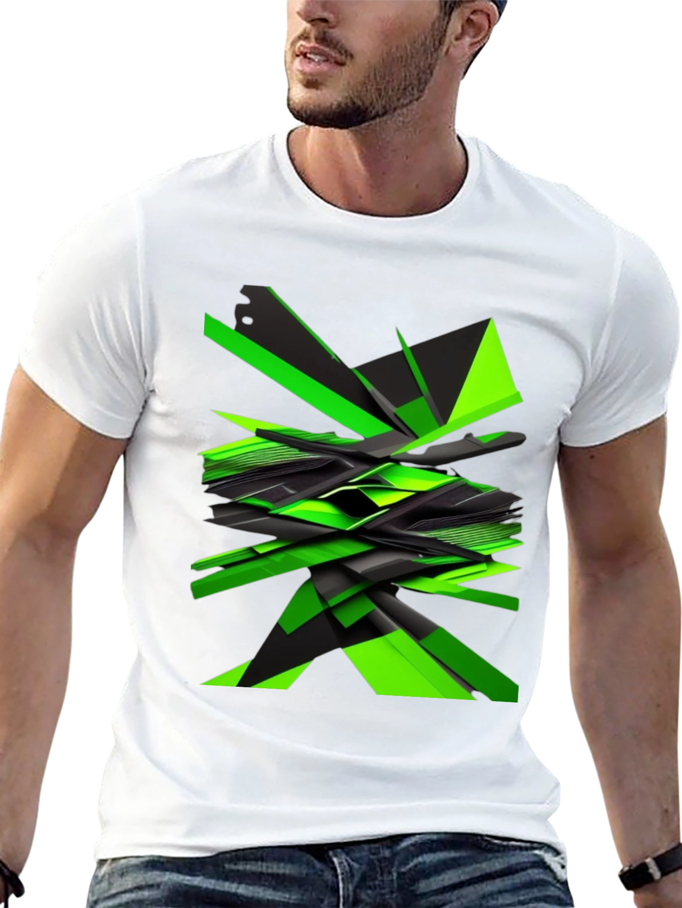 Abstract Geometric Green Graphic Print Mens Black T-Shirt