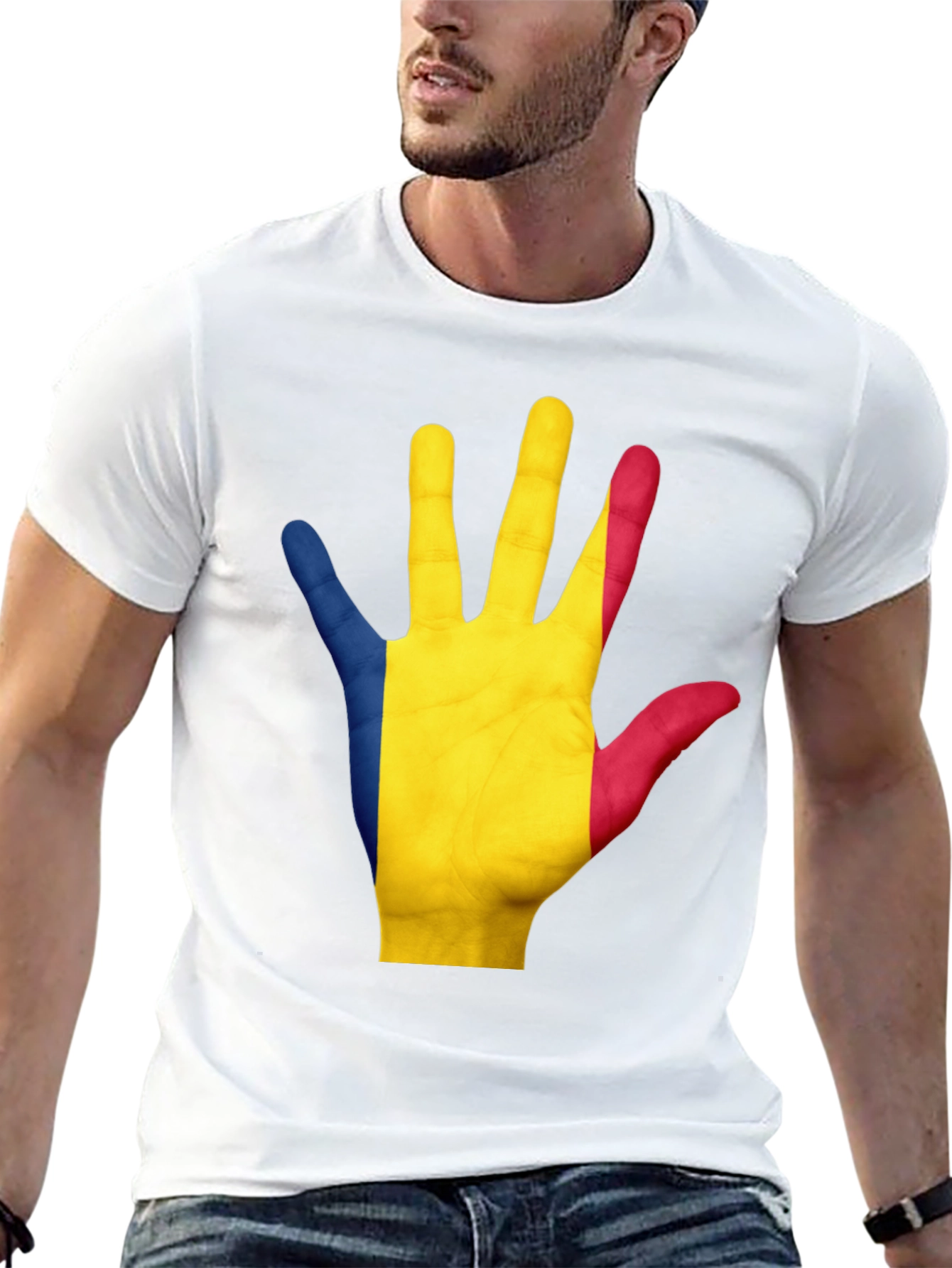 Romania Flag Hand Graphic Black Tee Shirt