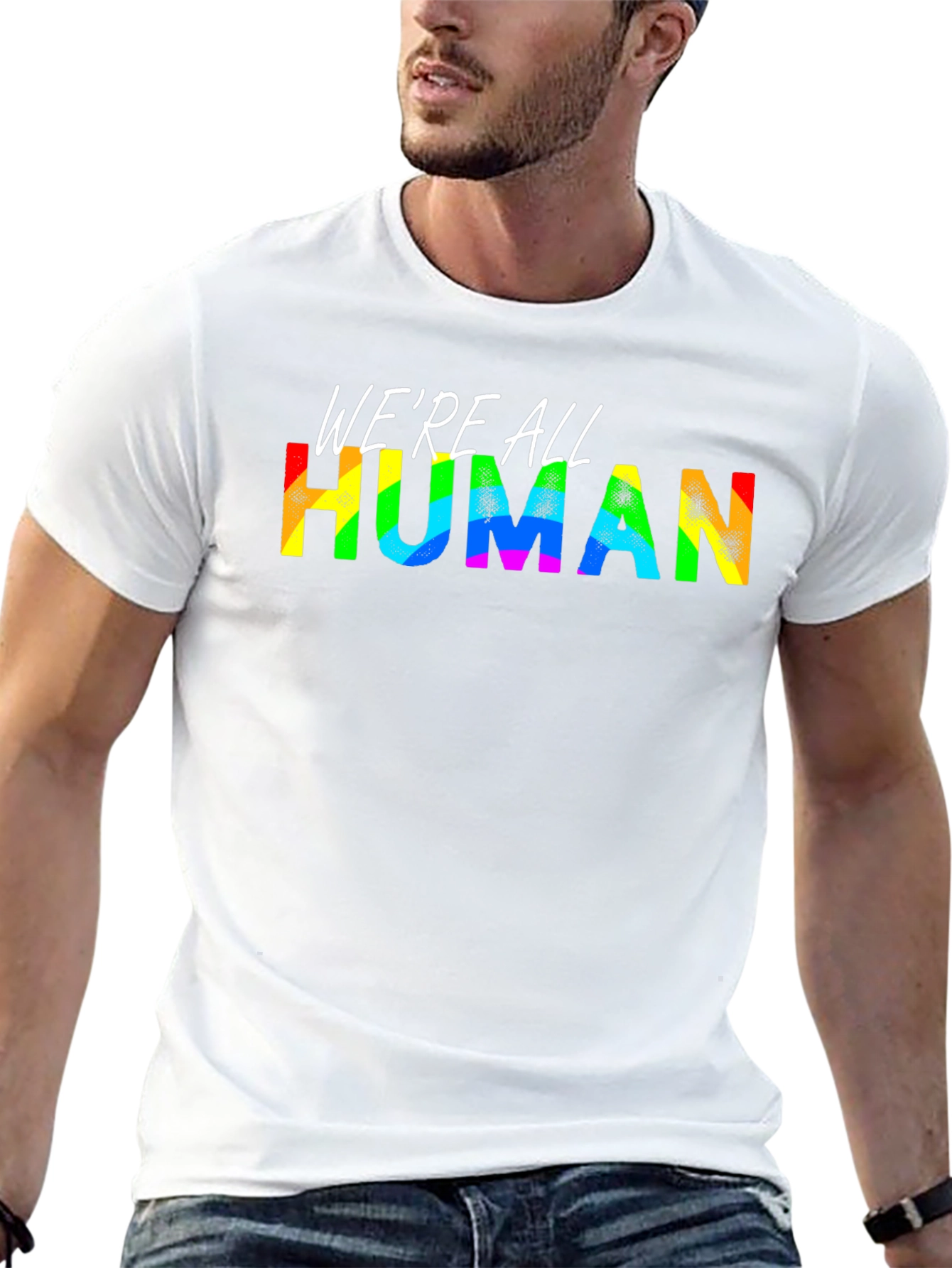 Were All Human Pride T-Shirt - Rainbow Text