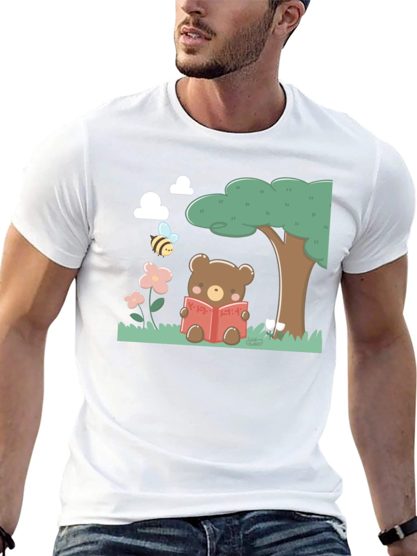 Cute Bear Reading T-Shirt - Black